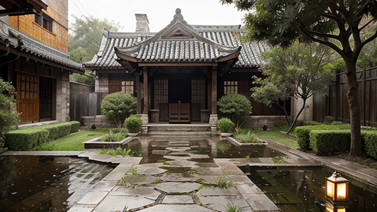 Rain and rain,autumnal, Stone paths on wetlands,Old house in Jiangnan courtyard, An old tree with persimmons,(Persimmons hang from branches:1.1),Huijiangnan style architectural courtyard,smoke and rain hazy,thin fog,soggy,Sense of age,The yard the main shooting effect,Very obvious details,HD shooting effects,SLR Camera Shooting。