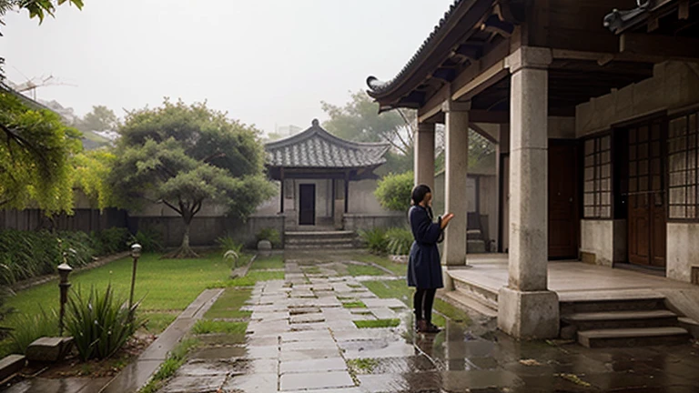 Rain and rain,autumnal, Stone paths on wetlands,Old house in Jiangnan courtyard, An old tree with persimmons,(Persimmons hang from branches:1.1),Huijiangnan style architectural courtyard,smoke and rain hazy,thin fog,soggy,Sense of age,The yard the main shooting effect,Very obvious details,HD shooting effects,SLR Camera Shooting。