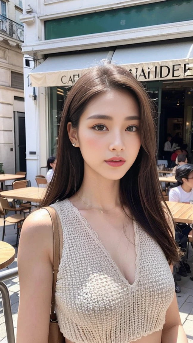 dark brown hair、Light brown eyes、Japanese actress face、 Lady、looks like him;I'm about 40 years old、(intricate-detail:1.2)、(top-qual:1.4)、 (Super high resolution:1.2)、Super high resolution、(A detaled eye)、(detailed facial features)、ticker、8K resolution、D-cup size breasts、length hair、I am sitting on a chair on the terrace of a cafe with the CELINE shop in Paris visible in the background.、full body photo、Photographed from head to toe、CELINE clothes、