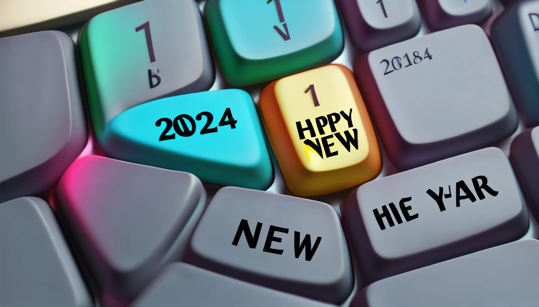 Fisheye, ultra high definition, masterpiece, Accuracy, Ultra-detailed, high detail, high quality, Award-winning, best quality, Level, 16k, (Cute cartoon colorful transparent computer keyboard "2024" and "Happy New Year" It says), (2024), ("Happy New Year": 1.37), laptop, positive view, looking at the audience, New Year elements,