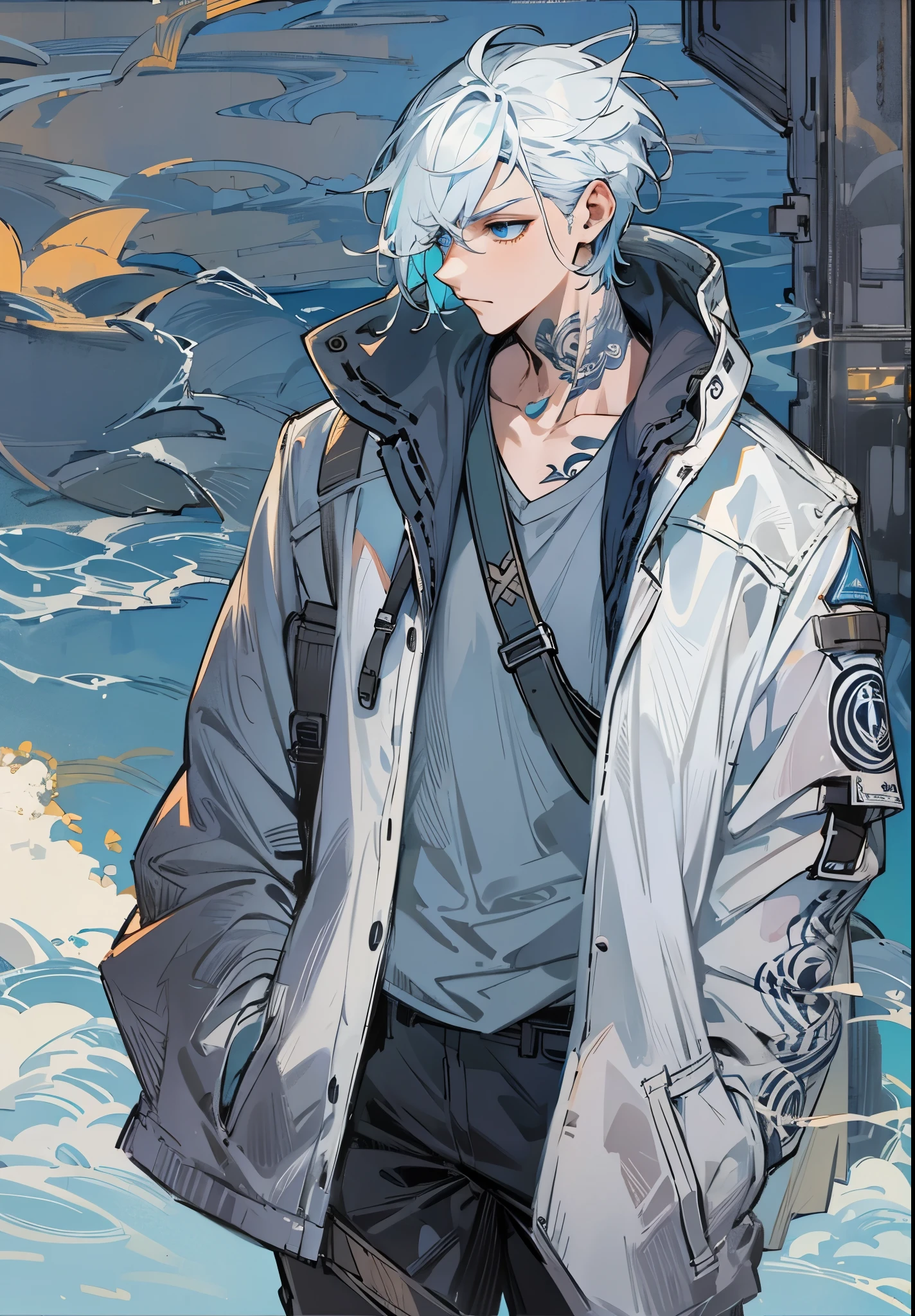1male, , city, white hair, sea blue hair accents, oversized jacket, tattoo, blue eyes, black pants
