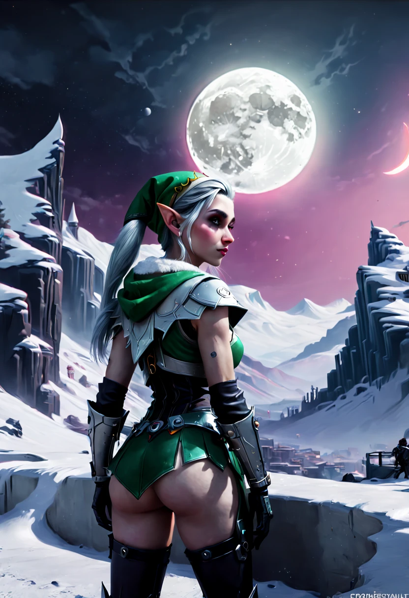 a Beautiful Elf, looking at a moon painting on the wall, snowy landscape painting, Cyberpunk Fantasy, octane render, (best quality, masterpiece, Representative work, official art, Professional, 8k:1.3)