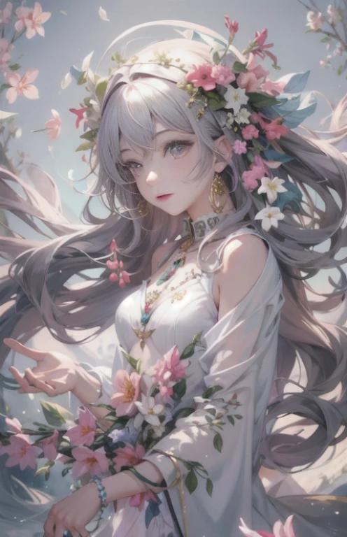 (masterpiece、highest quality、official art、beautiful）、（girl）、very delicate（fractal art）、Up to the upper body、stretch both hands towards the sky、mysterious full moon in the background、Fantastic Art、flower crown in hair、Hair fluttering in the wind、beautiful flower