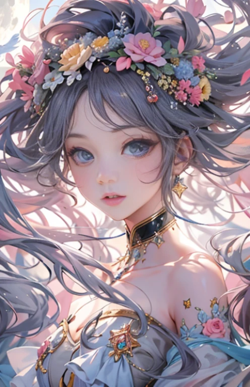 (masterpiece、highest quality、official art、beautiful)、(girl)、very delicate(fractal art)、Up to the upper body、stretch both hands towards the sky、mysterious full moon in the background、Fantastic Art、flower crown in hair、Hair fluttering in the wind、beautiful flower