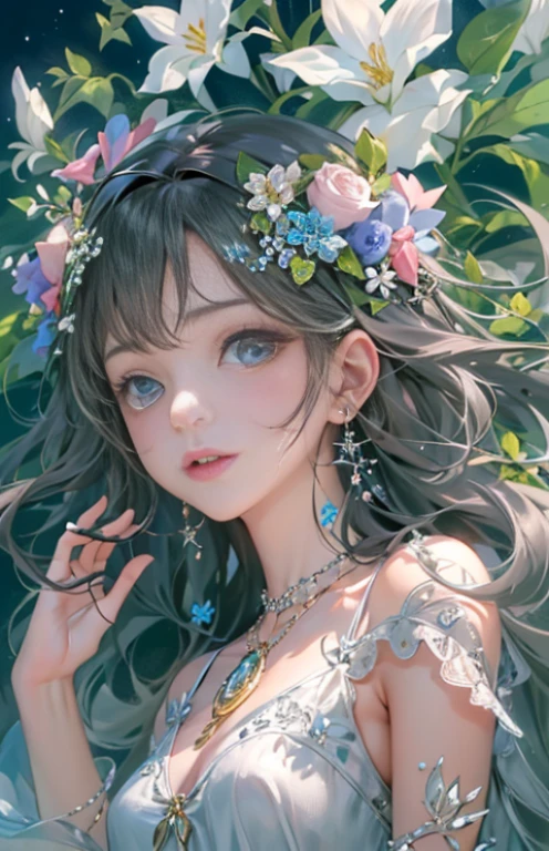 (masterpiece、highest quality、official art、beautiful)、(girl)、very delicate(fractal art)、Up to the upper body、stretch both hands towards the sky、mysterious full moon in the background、Fantastic Art、flower crown in hair、Hair fluttering in the wind、beautiful flower
