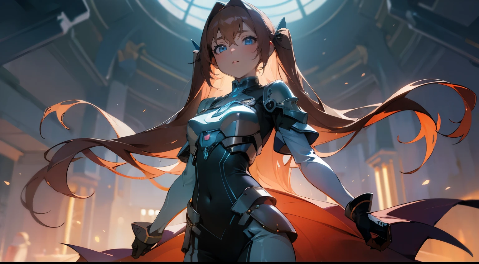 (masterpiece, best quality:1.3),beautiful detailed glow,best illuminate,(((best quality,textile shading,ultra detailed))),extremely detailed CG unity 8k wallpaper,Highly Detailed beautiful and aesthetic,best light,high resolution,detailed,dynamic lighting , mix of sword art online and futuristic style clothes , A stunning woman , extremely long hair , reddish brown hair , hair in pig tails , straight hair , light baby blue eyes , large chest , wearing a tight dress, age 34, looking at the viewer