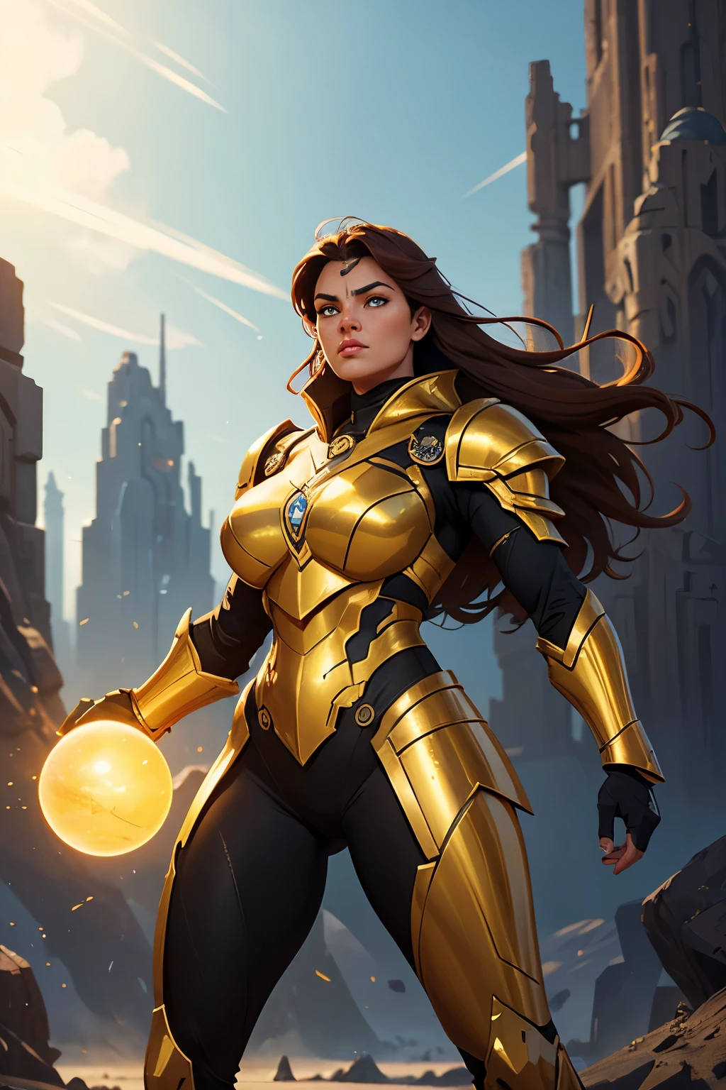 A realistic, fantasy art style representation of a muscular female warrior in sleek, form-fitting yellow armor, showcasing her strength and agility. The armor includes a helmet, enhancing her formidable appearance. She wields a glowing orb of yellow light in her hand, symbolizing her mystical powers. The background features a futuristic landscape with towering structures and advanced technology, highlighting her dominance in a sci-fi realm. Focus on detailed and realistic elements, emphasizing the warrior's curvaceous figure and the advanced setting.