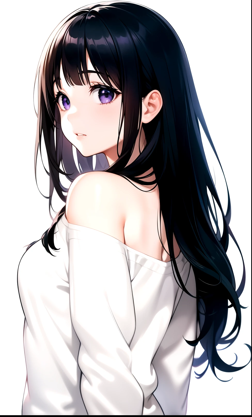 (A superb exquisite Chitanda Eru), (mature face), (((white background, half-body))), purple eyes, long black hair, natural straight hair, straight bangs, solo, [Small_breasts: large_breasts: 0.5], normal breasts, (looking back over shoulder, sweater, casual clothes), extremely delicate, peerless beautiful girl, dreamy quality, exaggerated facial features, solid color, delicate face, bright lips, slender waist, straight curves, soft lights and shadows, super fine, 8K HD, (masterpiece:1.4), (finely detailed beautiful eyes: 1.2)