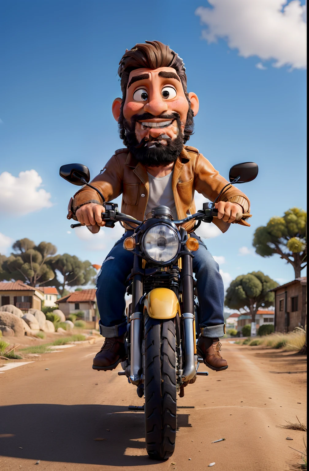 obra de arte, melhor qualidade, um velho com barba branca e longos cabelos castanhos, vestindo uma jaqueta de couro e jeans preto, ao lado de sua motocicleta