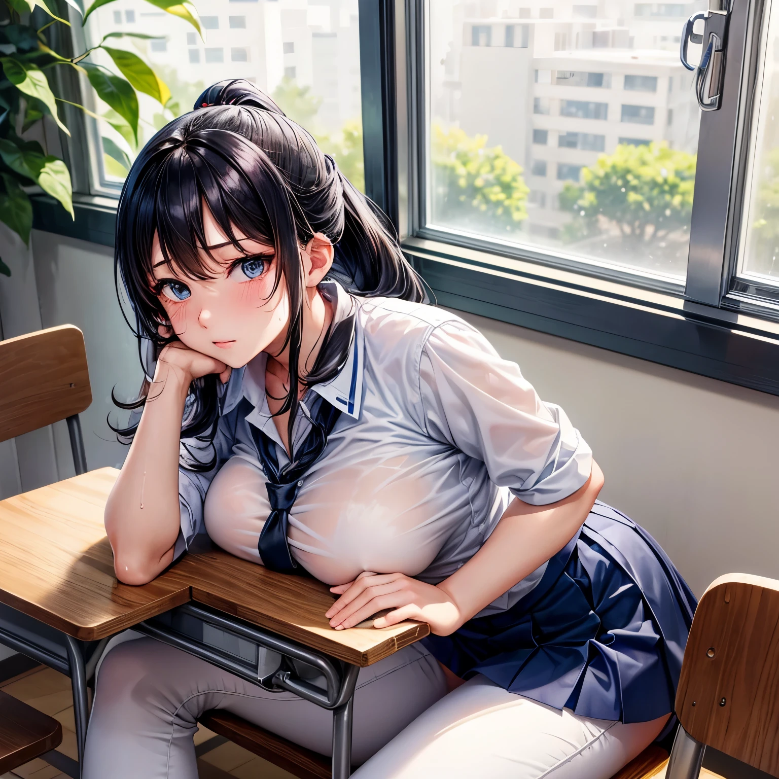 girls高校生、、girls、uniform、tie、white shirt、cutter shirt、ponytail、Clear blue eyes、(navy blue mini skirt)、summer、inside the classroom、Window side、sunlight、have an inner circle、sweating、Beauty、thighs、socks are white、slipper、sitting、angle from below、Muchimuchi、I can see through my clothes、Height 170 cm、big breasts、(You can see the white pants.)、hot face、Fair skin、(My black bra shows through with sweat.)、Doesn't seem to notice