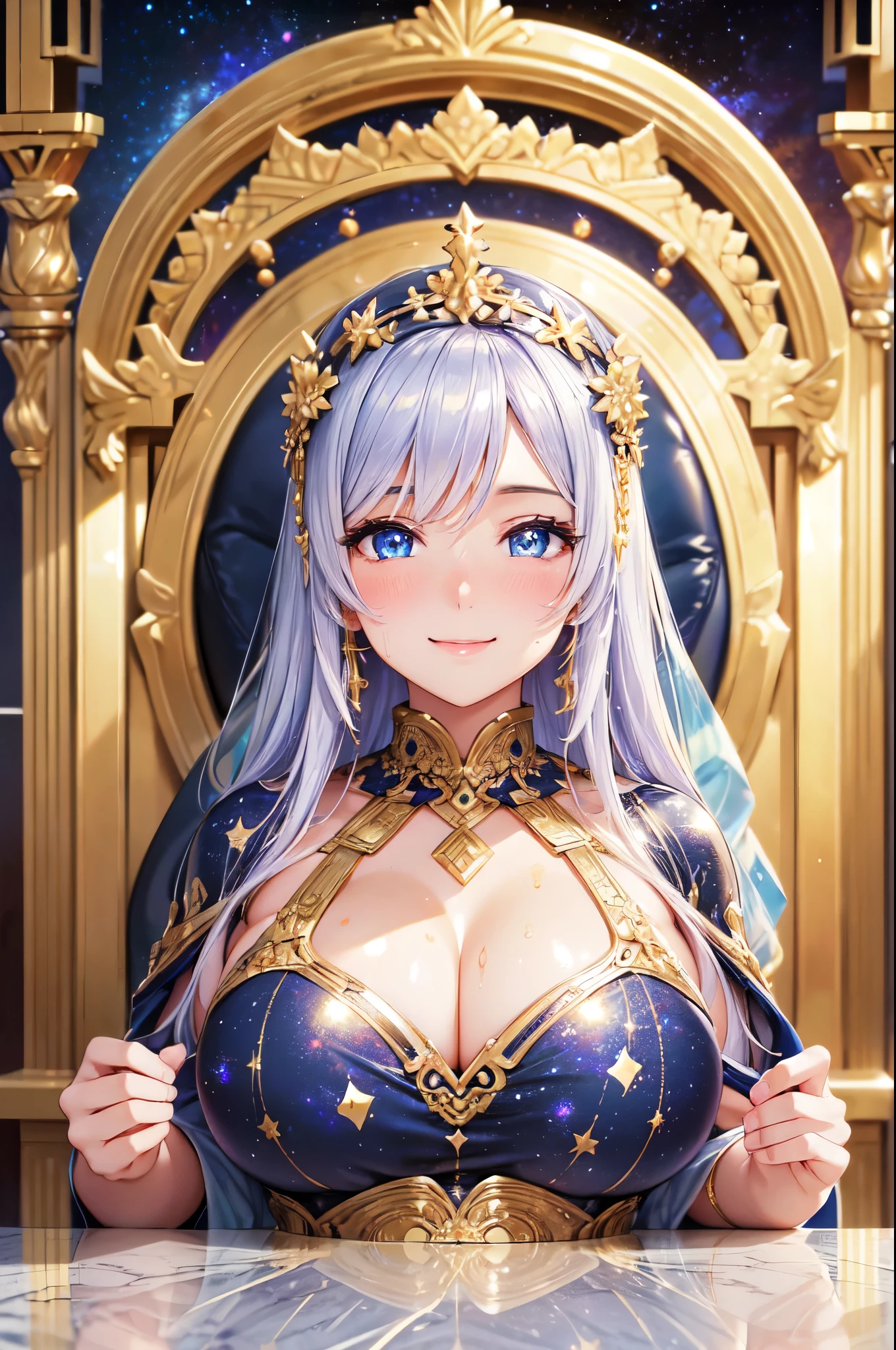 (High quality, High resolution, Fine details), Realistic, Greek Marble Temple, (Galaxy Pattern Dress:1.2), solo, curvy women, sparkling eyes, (Detailed eyes:1.2), smile, blush, Sweat, Oily skin, shallow depth of field
