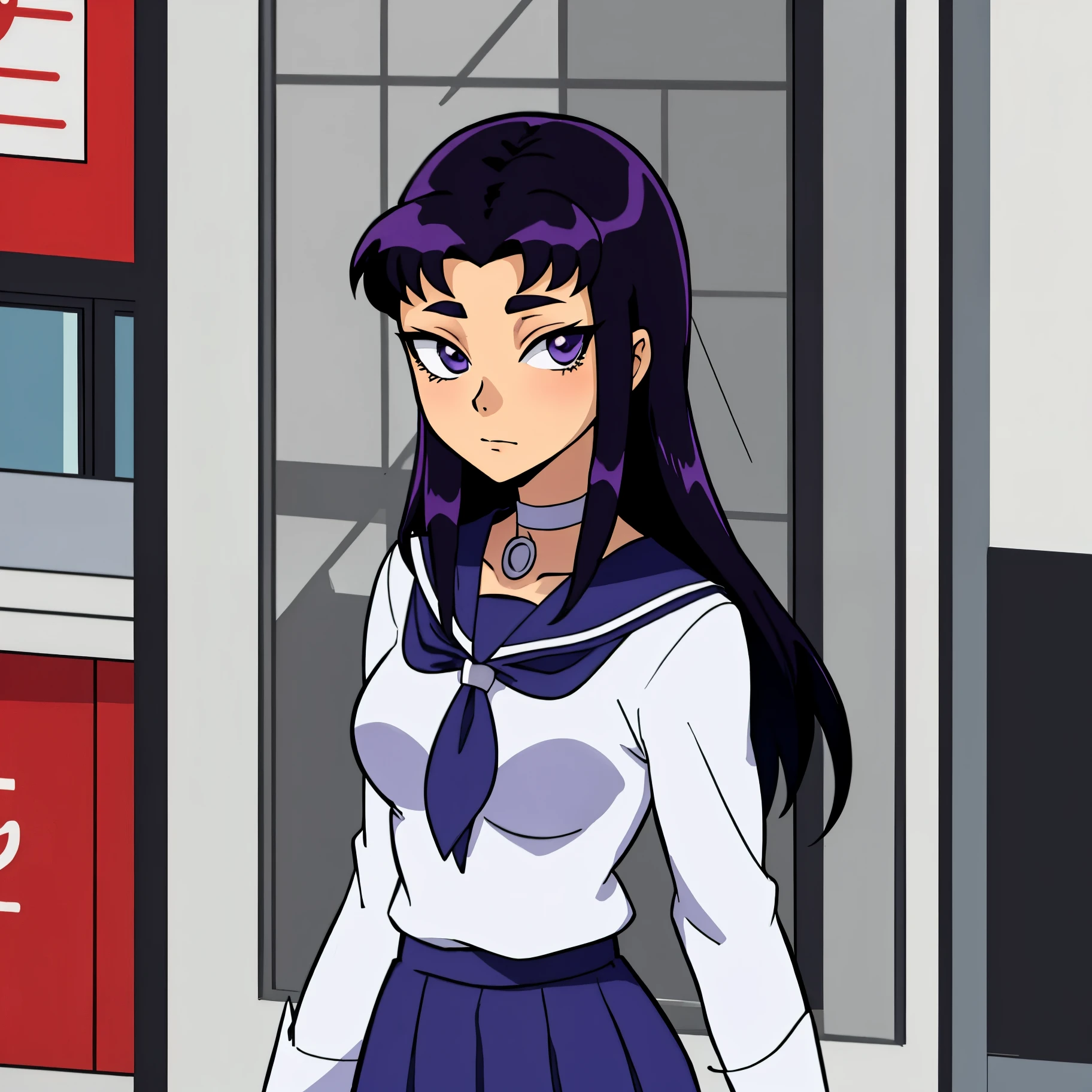 Blackfire,1 girl,solo,black hair,school uniform,upper body,city,building,choker,masterpiece, best quality,lookind at viewer,anime coloring,cell shading,cartoon style