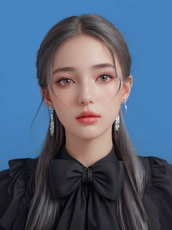 Lovely, ultra-detailed, illustration, complex, detailed, extremely detailed, detailed face, soft lighting, soft light, soft focus, perfect face, beautiful, accurate anatomy, overexposure, 8k, 4K, (high resolution:1.1), best quality, (masterpiece:1.3), 1 girl, alone, jewelry, brown eyes, looking at the audience, earrings, gray hair, Bangs, collar, Keep your mouth shut, portrait, watch, hair accessorieackground, gray background, long hair, headrest, lips, hair bow, black collar, bow, eyelash