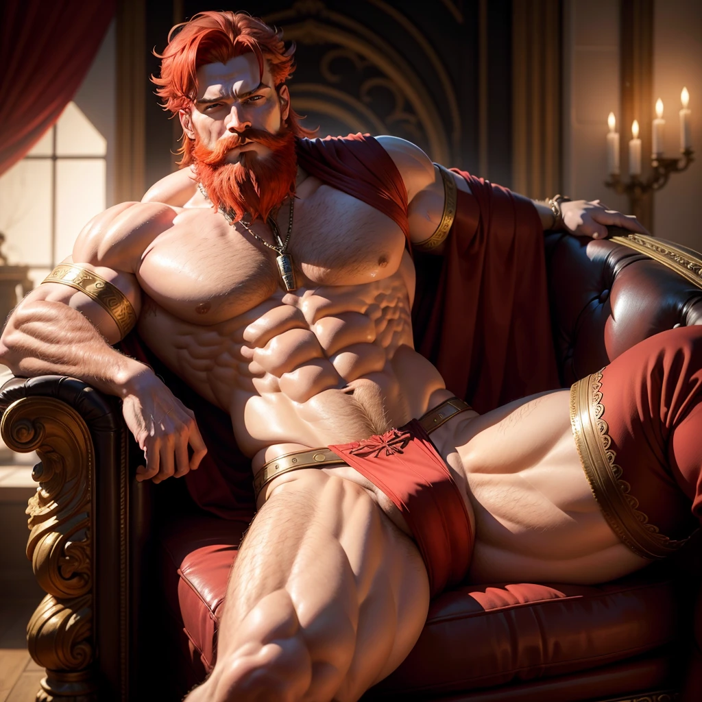 god-king, red hair, sitting on throne, looking down towards camera, Bearded, There is nothing on the upper body, Wearing   loincloth，loincloth tight on his lower body, legs are spread, thick thighs, large muscular pecs