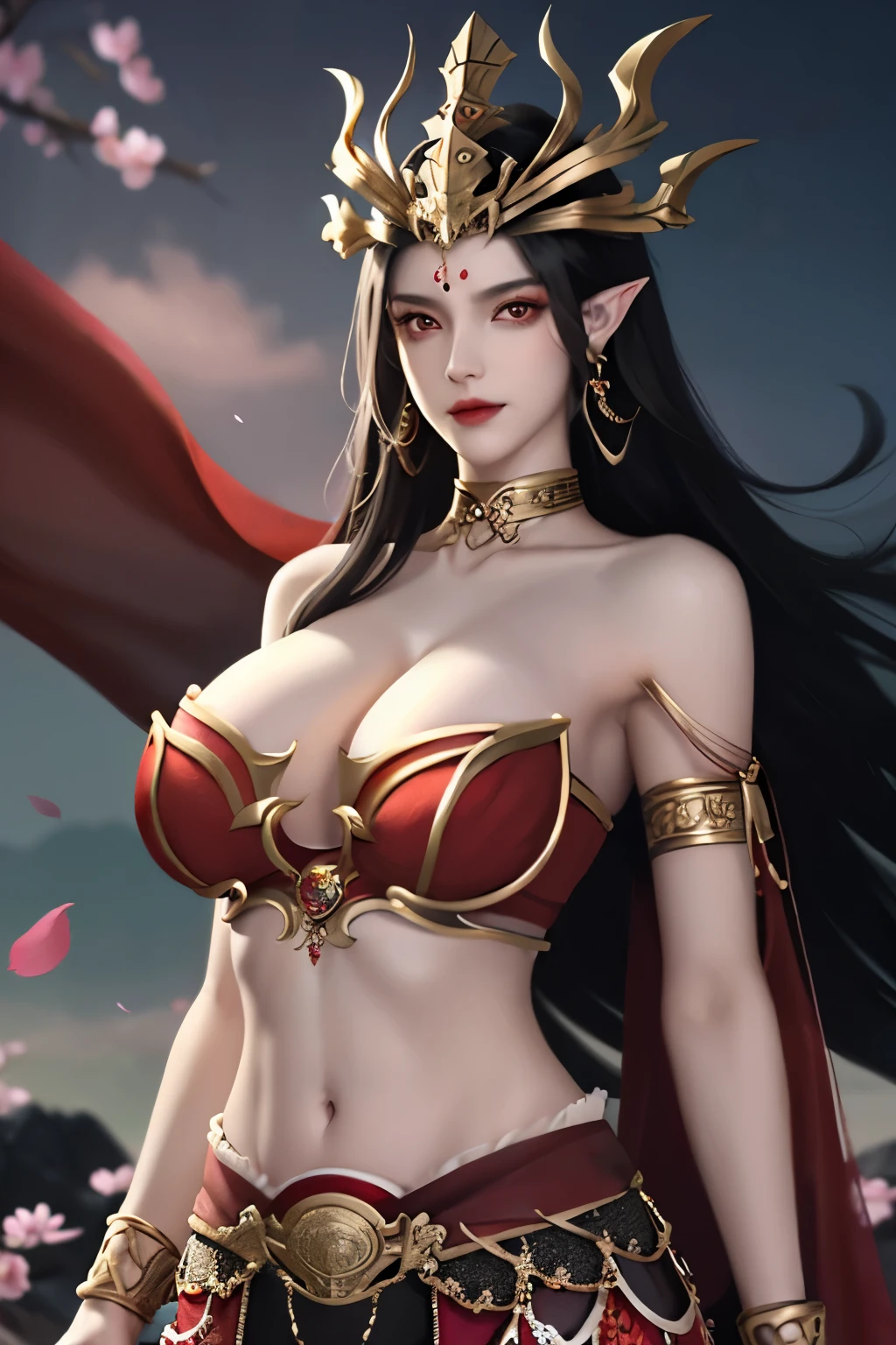 1girl, long hair, jewelry, solo, pointy ears, navel, black hair, earrings, upper body, hair ornament, red eyes, falling petals, red skirt, tube top, petals, skirt, bare shoulders, hand in own hair, midriff,cai lin, large breasts,shiny skin,(mature female),milf,