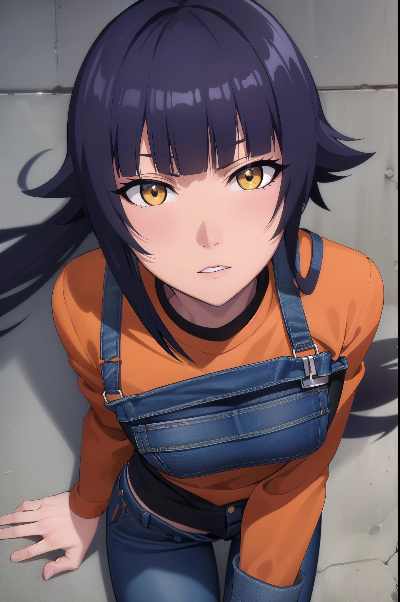 yoruichishihouin, yoruichi shihouin, long hair, (yellow eyes: 1.5), ponytail, purple hair, dark skin, dark-skinned female, BREAK tights, black tights, tights under clothes, (orange shirt: 1.5) , long sleeves, BREAK outdoor, BREAK looking at the viewer, (denim shot: 1.5), BREAK (masterpiece: 1.2), best quality, high resolution, unified 8k wallpaper, (illustration: 0.8), (beautiful detailed eyes: 1.6), extremely detailed face, perfect lighting, extremely detailed CG, (perfect hands, perfect anatomy),