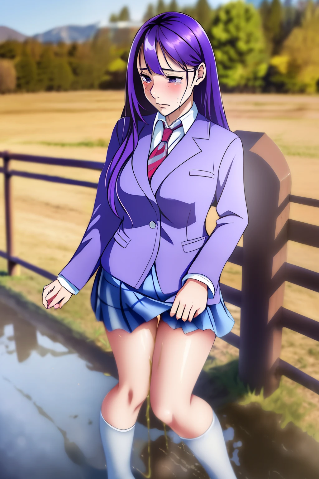 2d, masterpiece, best quality, anime, highly detailed, cowboy shot, 1girl, solo, yuri, purple eyes, purple hair, long hair, hairclip, [[large breasts]], school uniform, blazer, brown sweater, collared shirt, neck ribbon, blue skirt, standing, fullbody, expressionless, sad, crying, tear, blush, outdoor, peeing self, peeing girl, pee stain, pee stream, dirty skirt, wetting, puddle of pee