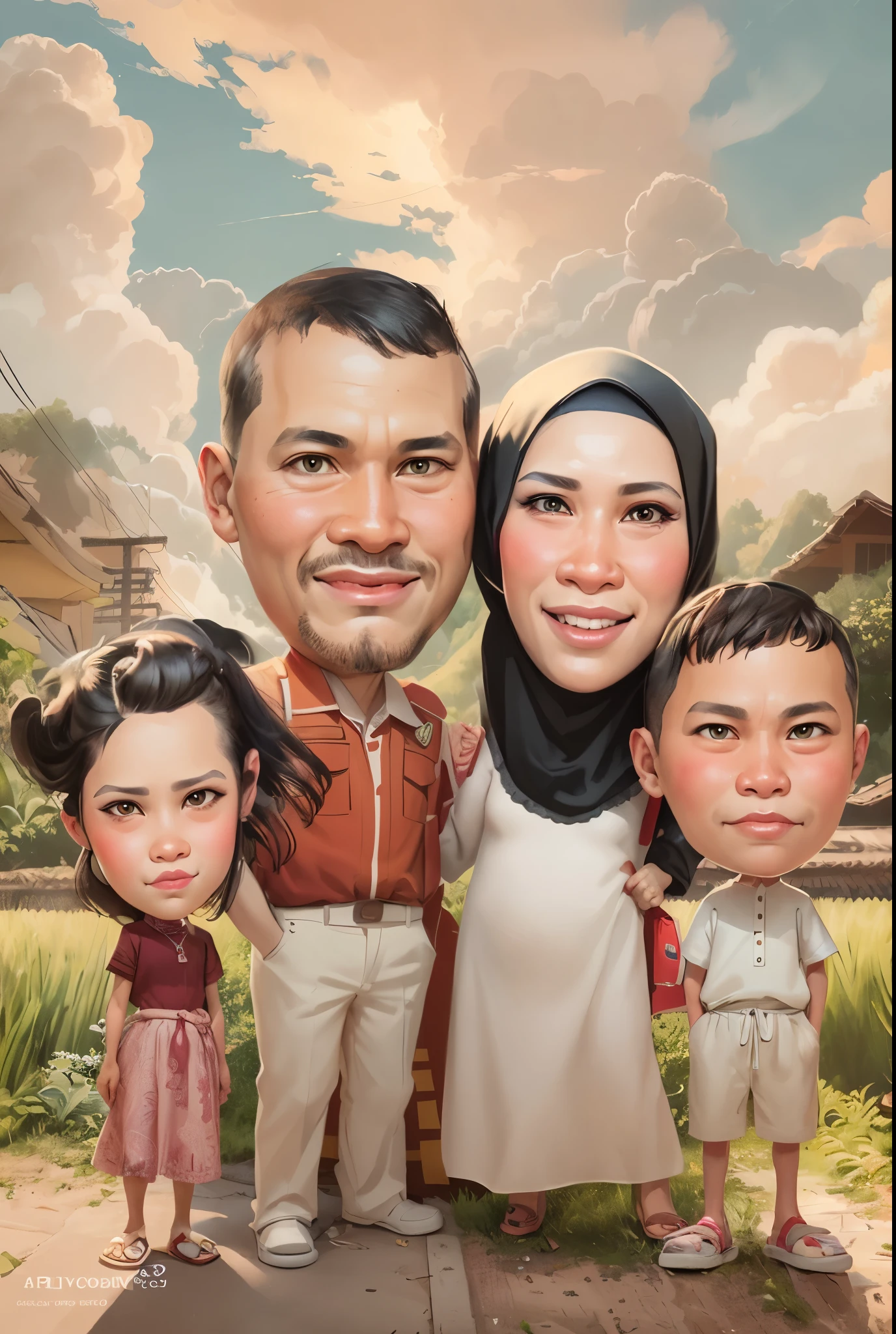 cartoon caricature of a family with a  and a man, black hair, Mother wears the hijab, an indonesian family portrait, caricature illustration, in cartoon style, cartoon artstyle, caricature style, potrait, happy family, cartoon art, cartoon portrait, digital art cartoon, cartoon digital painting, cartoon digital art, digital cartoon painting art, barong family, classic portrait, caricature, cartoon art style