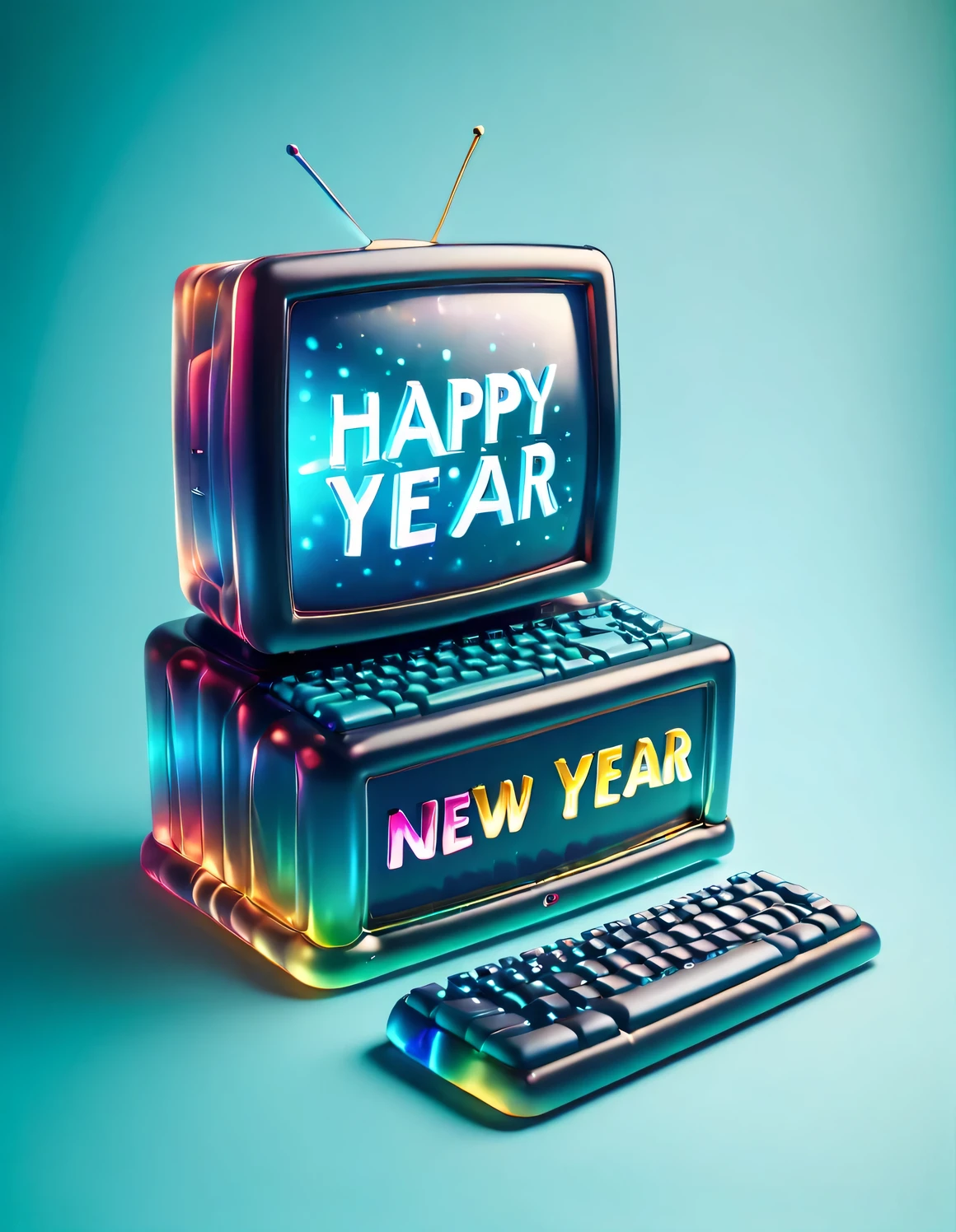 Fisheye, ultra high definition, masterpiece, Accuracy, Ultra-detailed, high detail, high quality, Award-winning, best quality, Level, 16k, (cute cartoon colored transparent computer and keyboard with "2024" and "Happy New Year" written on them), ("Happy New Year": 1.37), positive view, looking at the audience,
