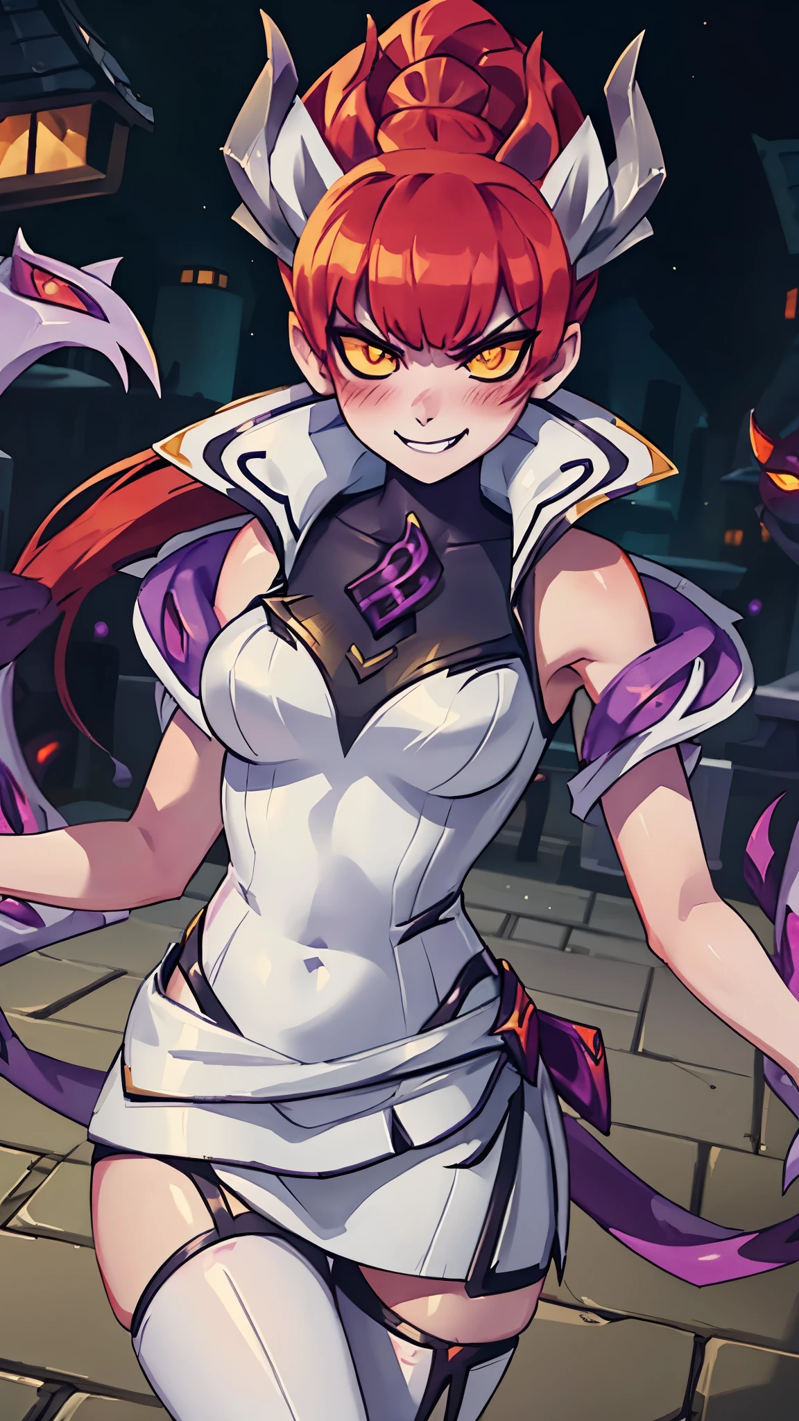 Zyra - Crime City Nightmare - League of Legends, HD, white clothes, red hair, blush, angry, yellow eyes, evil smile, grimace