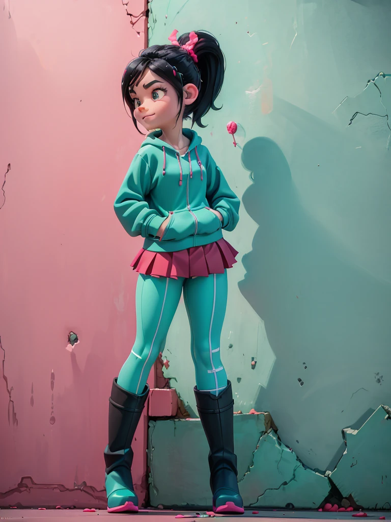 [Wreck_It_Ralph_Movie], ((masterpiece)), ((high quality)), ((HD)), ((solo portrait)), ((front view)), ((half body)), ((boots visible)), ((beautiful background)), {vanellope von schweetz, black hair, red scrunchy, short ponytail, (candy in hair:1.2), (cute large blue eyes),(smug smirk),(white teeth),( body),(cute small face),skinny body}, {(aqua track jacket), (tight aqua pants teal lines),(pink skirt), aqua riding boots}, {(standing in front of a grafiti wall), (hands in pocket), (looking at viewer), (pigeon-toed)}, [Background: (Grafiti wall),]