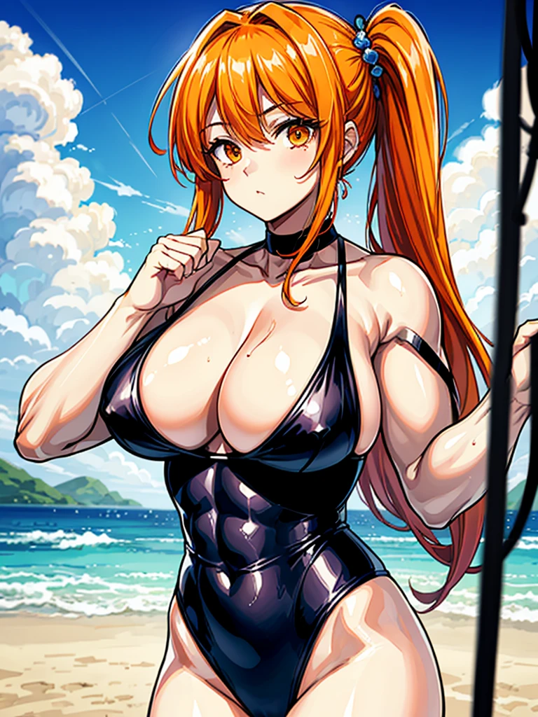 （（（masterpiece、Highest image quality、highest quality、highly detailed unity 8ｋwallpaper）））、（（Illustration of one girl））、（（（beautiful girl）））、（（orange hair、side ponytail、sidelocks：1.4、orange eyes））、（（（stocky build：1.5, thickset physique：1.6, muscular legs, broad shoulders：1.6, solid chest：1.5）））、swimsuit、sandy beach