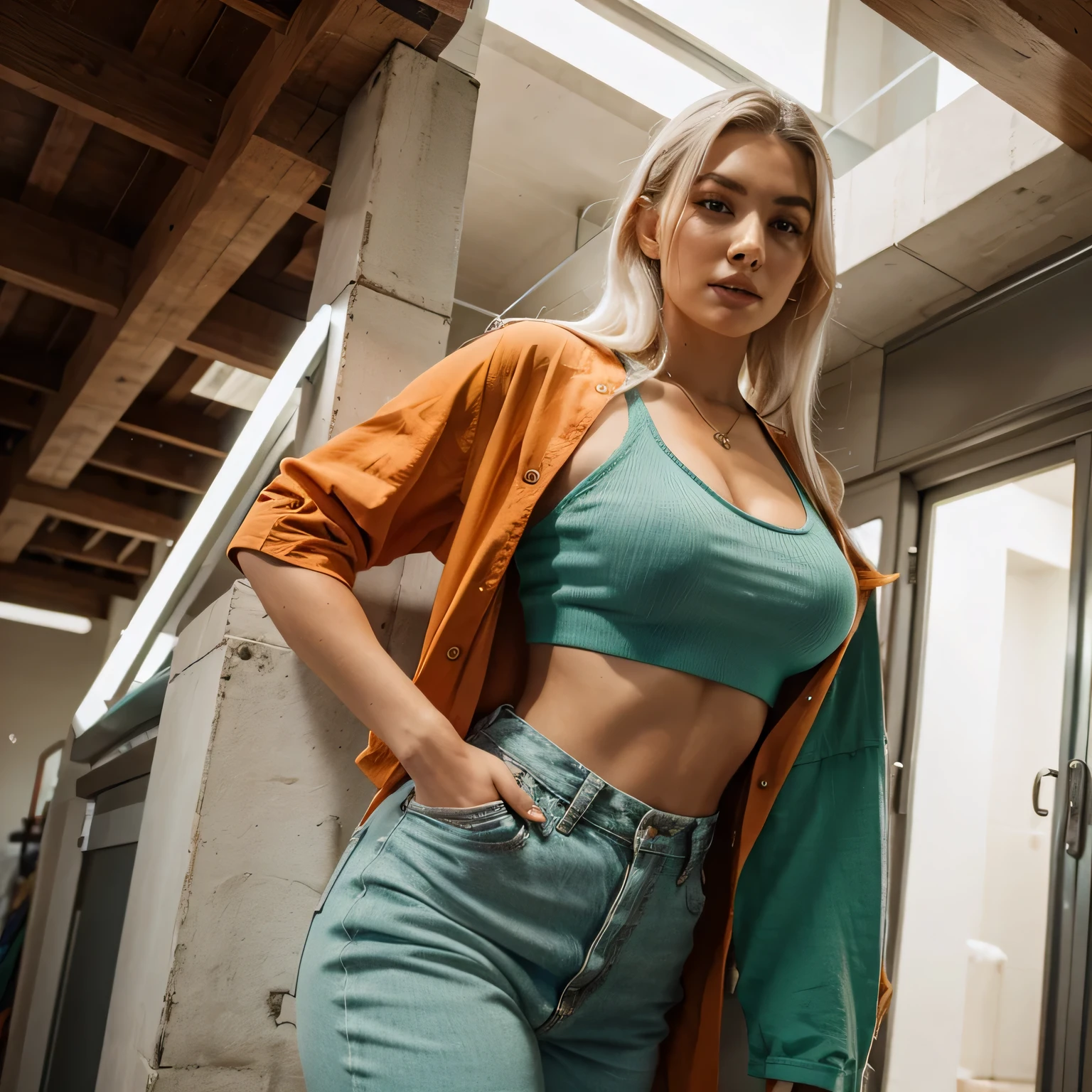 (High Resolution:1.2), (realistisch:1.37), Emily Sears with white hair, perfekte Proportionen, dynamische Pose, Sonnenlicht,baggy Outfit,Outfit,vintage Outfit,Rot,orange,Green,Blau,Gelb.