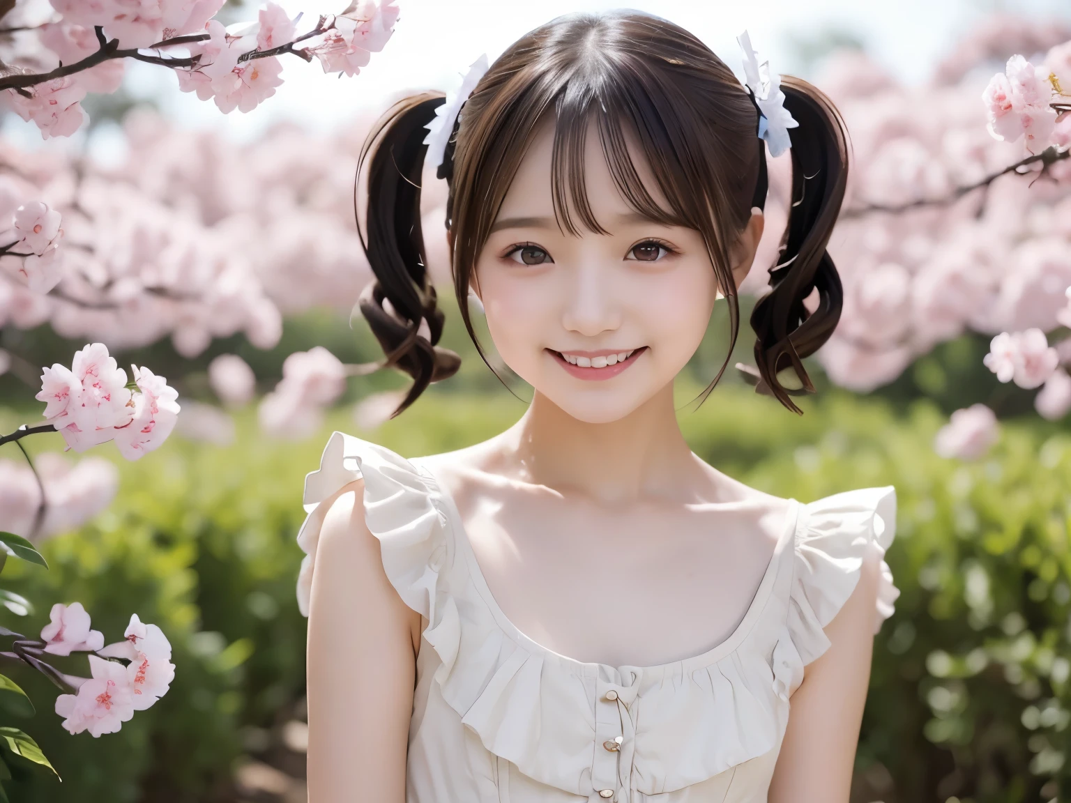 Japan woman in white dress posing for photo, Women have very beautiful eyes, brown bob hair, twin tails、Digital Art of Digital Painting, lolitaドレス, dress with many ruffles, Art that isn&#39;t Gwait&#39;s style, lolita,10 years old、wearing an elegant dress, shy and demure, smile、Not clear、drooling eyes、Smooth digital painting, detailed dress and face, types of bacteria. high detail ,