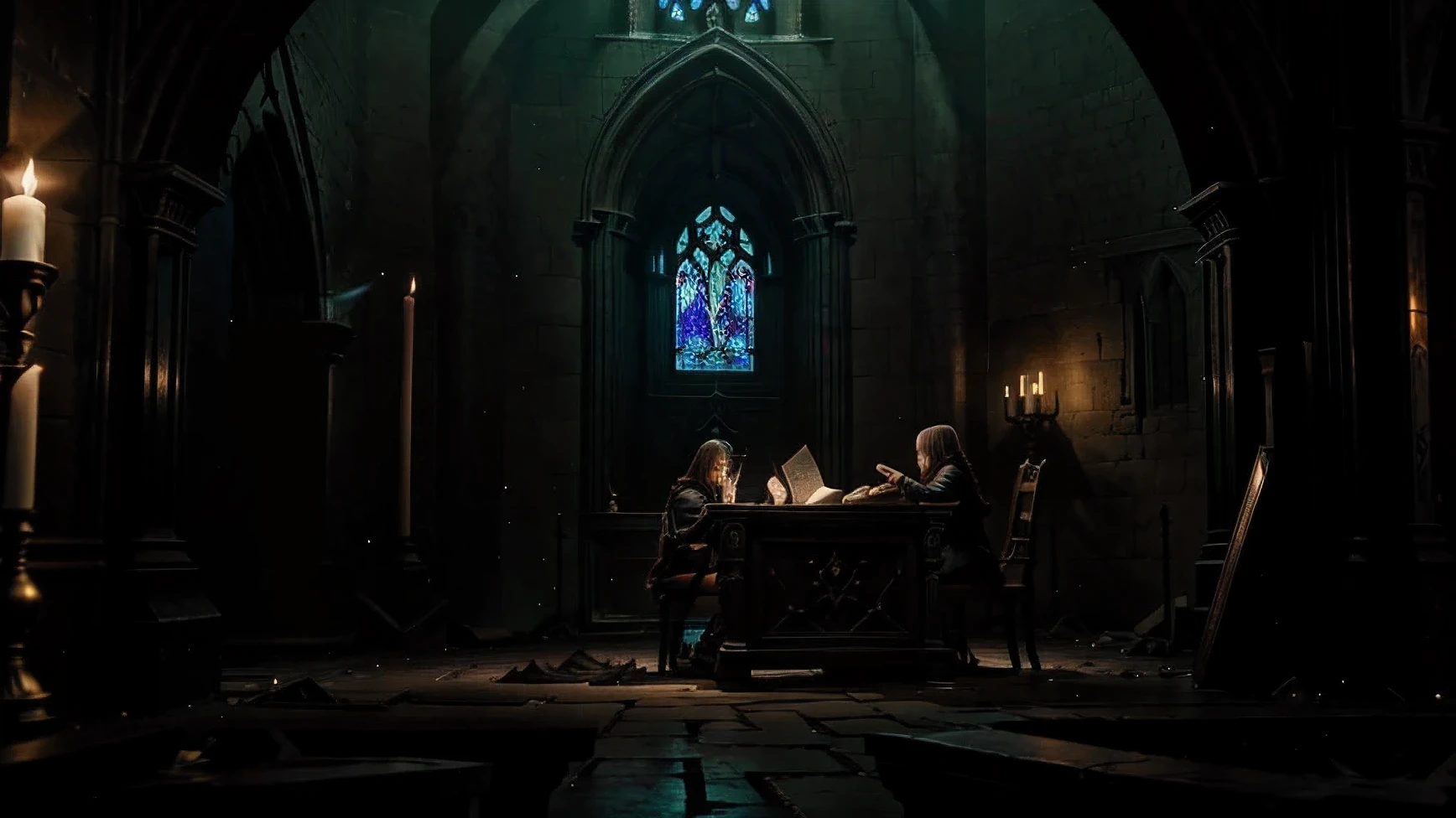 concept art, gothic art, ultra high definition, masterpiece, high quality, high detail, best quality, high resolution, 1080P, scary; Fear; Danger; sad cloud; Gothic castle interior; The huge stained glass illuminated the table in the faint moonlight, There is a spell book with spells on it; dark; Original game art; no characters