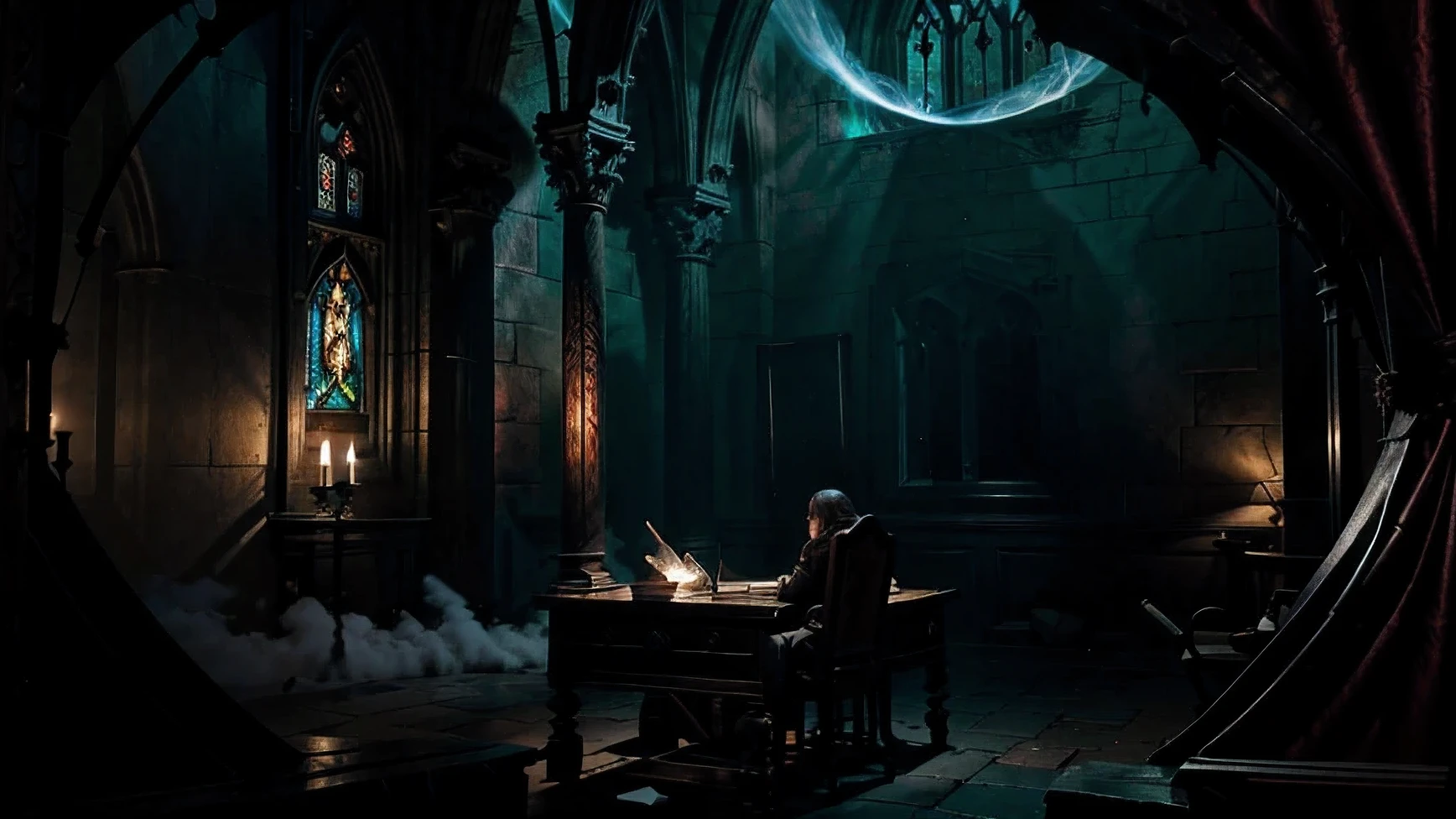 concept art, gothic art, ultra high definition, masterpiece, high quality, high detail, best quality, high resolution, 1080P, scary; Fear; Danger; sad cloud; Gothic castle interior; The huge stained glass illuminated the table in the faint moonlight, There is a spell book with spells on it; dark; Original game art; no characters