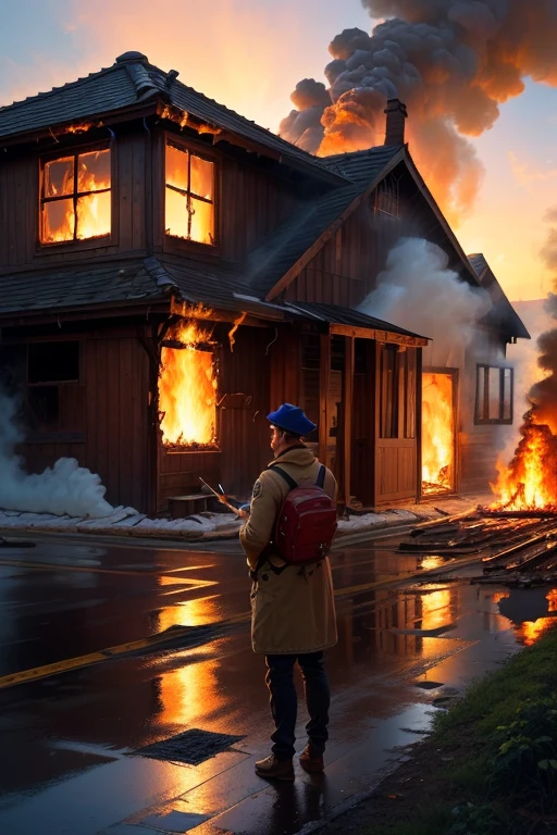 ((highest quality)), ((masterpiece)), (be familiar with), Burning house,fire,cigarette