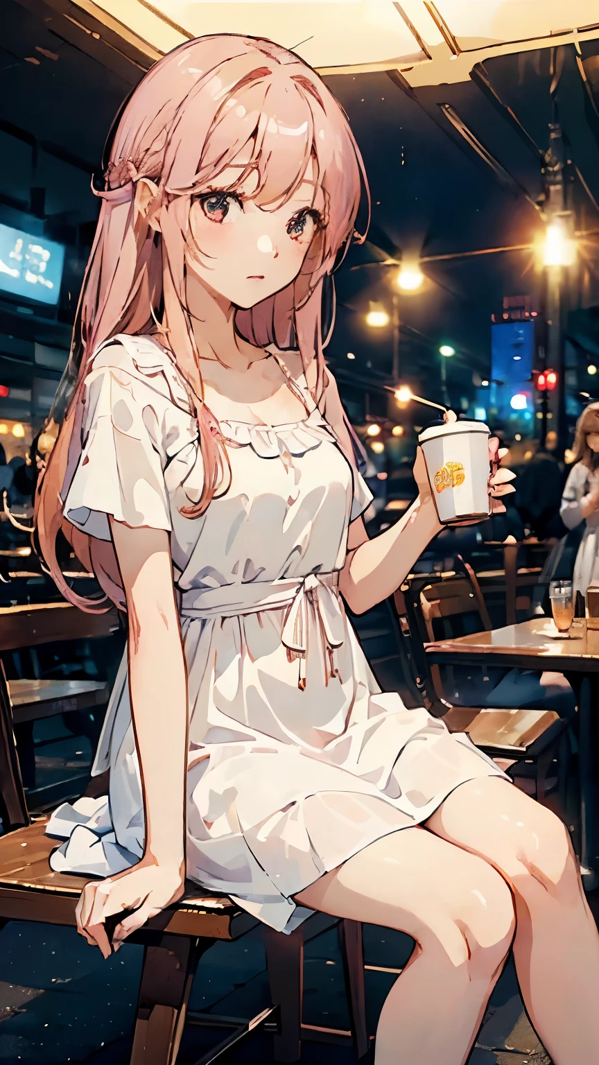 (((masterpiece))) ((( background : im crowd : night light : in cafe : night : high quality : detail ))) ((( character : Ryu Sujeong : fit body : small breast : smooth long pinkish blonde hair with bang : wearing cute dress : drinking coffee : sitting gracefully : hanging out with friends)