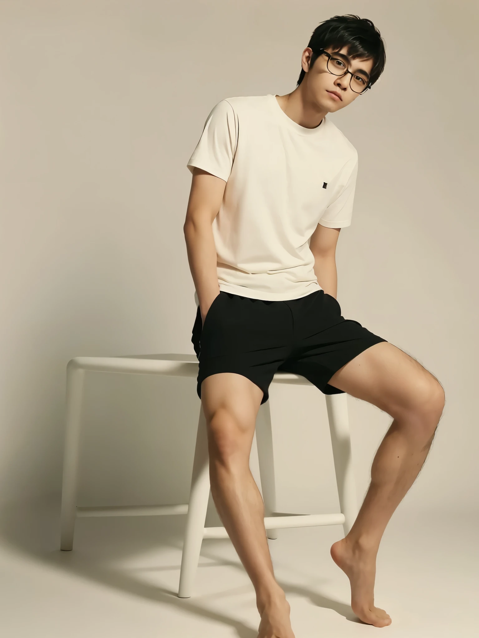 hairy beard Japanese college student man long legs black hair black rimmed glasses thin beard