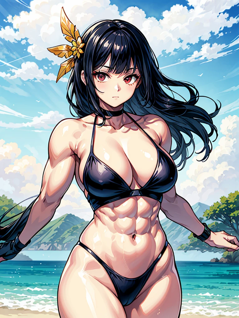 (((masterpiece、Highest image quality、highest quality、highly detailed unity 8kwallpaper)))、((Illustration of one girl))、(((beautiful girl)))、((black hair:1.4、Very Longhair、straight、golden hair ornament、red eyes))、(((sanpaku:1.6)))、(((sanpaku:1.6)))、(tall:1.3、stocky build:1.6, thickset physique:1.3, muscular legs, broad shoulders:1.3, solid chest:1.3)、swimsuit、sandy beach