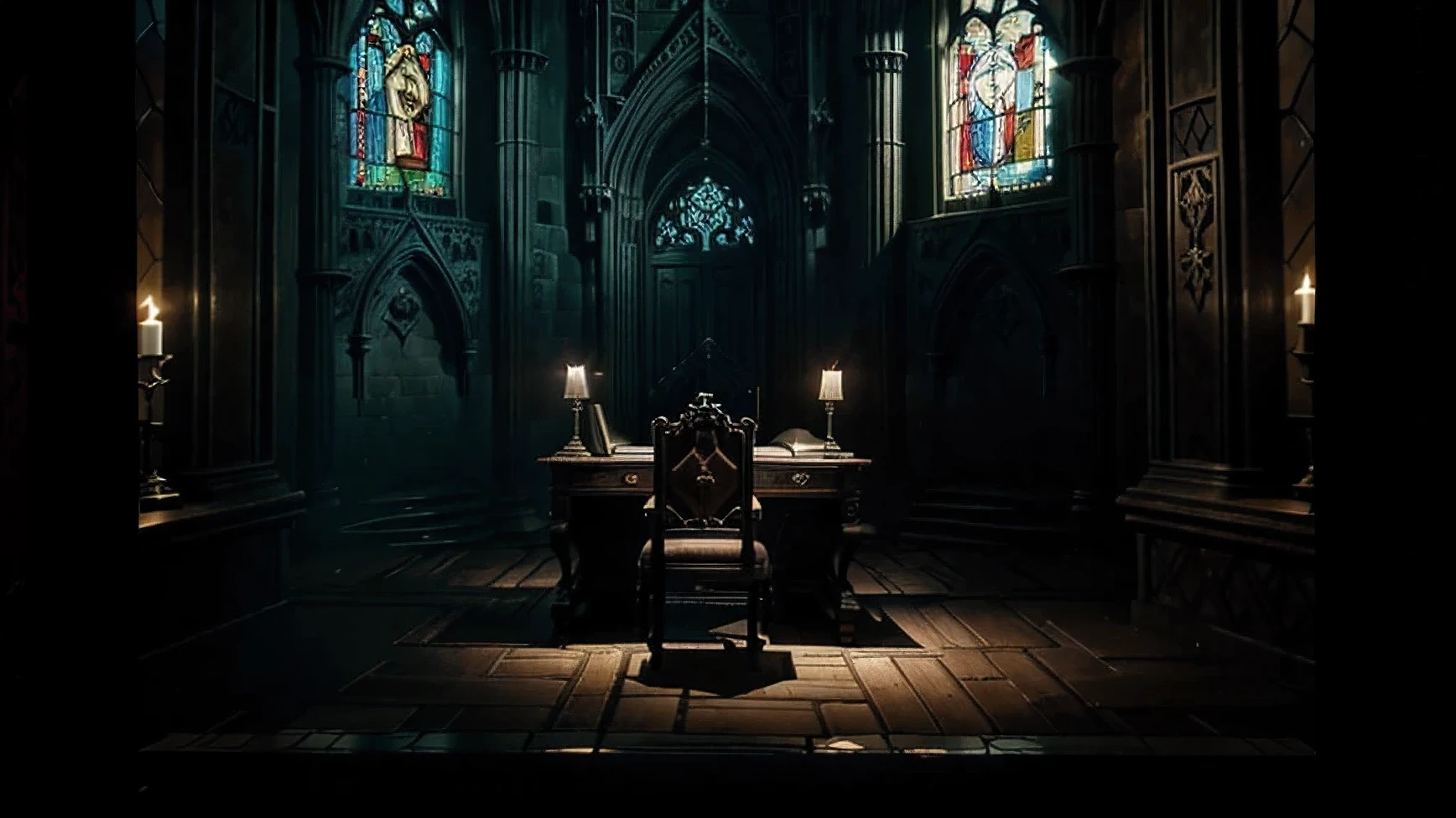 concept art, gothic art, ultra high definition, masterpiece, high quality, high detail, best quality, high resolution, 1080P, Ghastly；Fear；Danger；Gloom；Gothic castle interior；huge stained glass illuminates table，Faint moonlight，There is a magic book on the table，There&#39;There is a spell written on it；dark；Game of the original painting；no characters；Heavy painting style