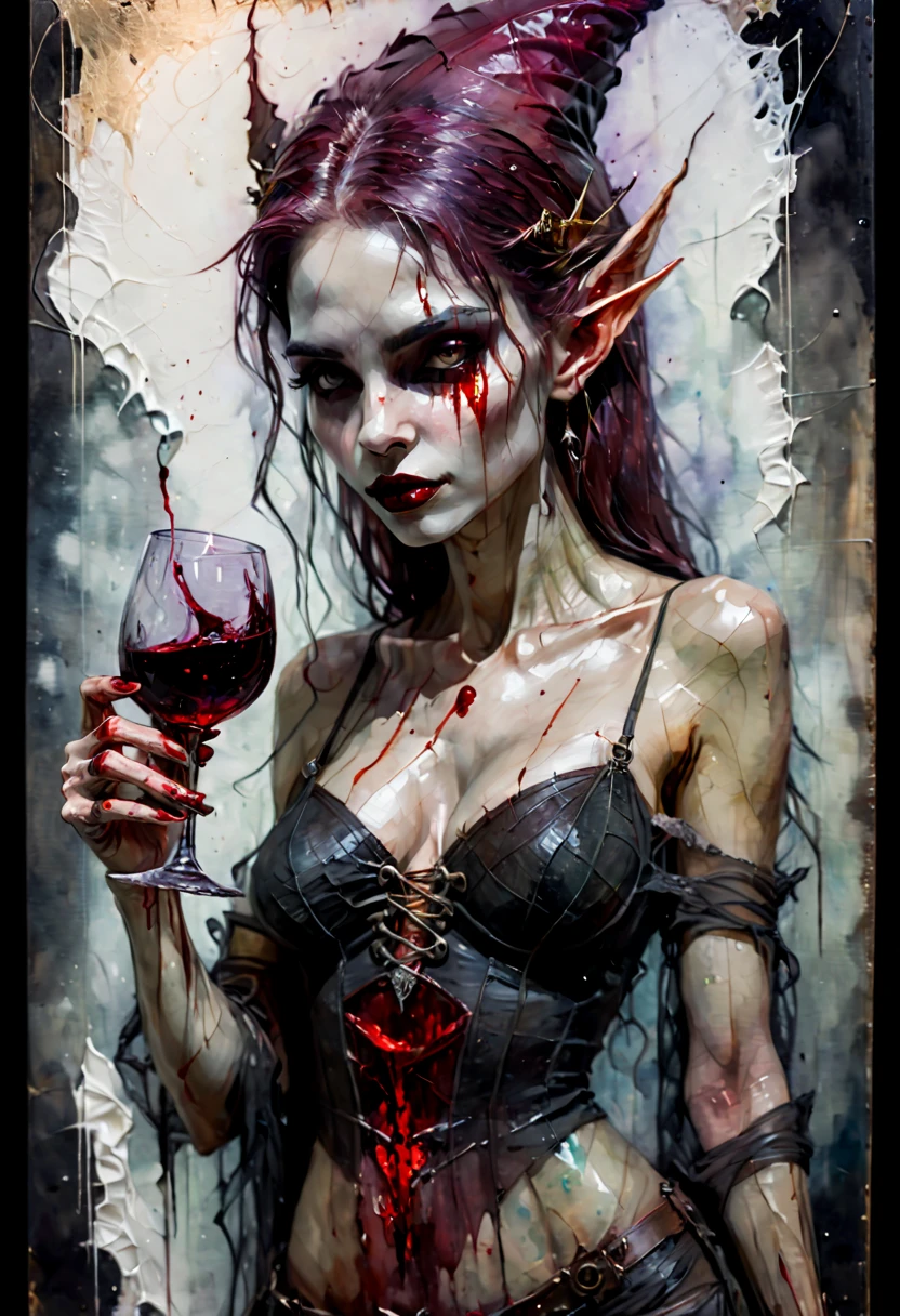 a Beautiful Elf, new art: Henry Asencio, close-up, watercolor and charcoal mixture, painting on cracked mirror glass, tesseract fantasy, ethereal, nordic vampire holding a glass of bloody wine, dark fantasy, watercolor abstract steampunk mesh, incredibly detailed octane rendering, concept art, chiaroscuro, masterpiece, impasto on canvas, oil, straws and tubes, busy art