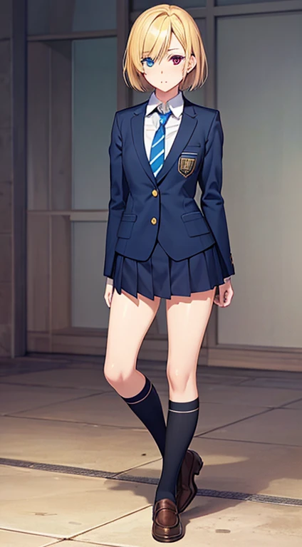 ((masutepiece, Best Quality, hight resolution, Perfect Pixel, 4K)), 1boy, solo, school uniform, (blue tie), (heterochromia), (blue left eye, yellow right eye:1.1) Realistic eyes, Detailed face, ((Smooth texture:0.75, Realistic texture:0.65, Photorealistic:1.1, Anime CG style)), Dynamic Angle, full body, simple theme