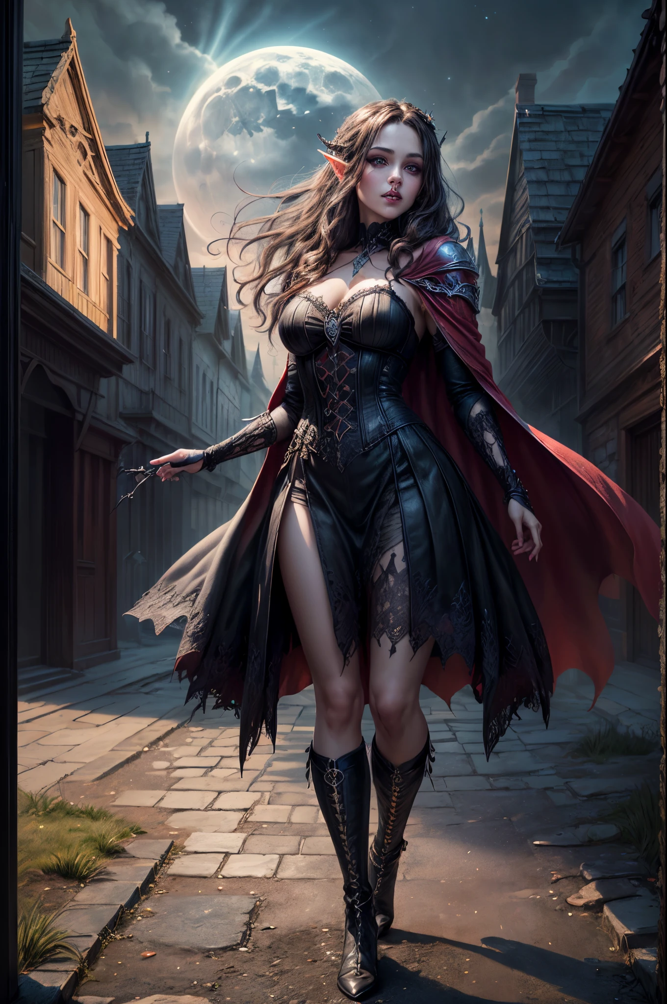 arafed, dark fantasy art, gothic art, (masterpiece:1.5), full body best details, highly detailed, best quality, highres, full body portrait of a vampire, elf (1.6, Masterpiece, best quality), ultra feminine (1.4 intricate details, Masterpiece, best quality) with a long curvy hair, dark color hair, red eyes (1.3 fantasy art, Masterpiece, best quality), ((beautiful delicate face)), Ultra Detailed Face (1.4 intricate details, fantasy art, Masterpiece, best quality), [visible sharp vampiric fangs] (1.6 intricate details, fantasy art, Masterpiece, best quality), [anatomically correct] red cloak, flowing cloak (1.4 intricate details, fantasy art, Masterpiece, best quality), wearing an intricate leather [white] dress (1.4 intricate details, gothic art, Masterpiece, best quality), high heeled boots, blood dripping on lipackground (intense details, beat detailantasy, at night light, natural ,moon light, soft moon light, moon rays, clouds, gothic atmosphere, gothic street background, bats flying in background, soft light, dynamic light, [[anatomically correct]], high details, best quality, 8k, [ultra detailed], masterpiece, best quality, (extremely detailed), dynamic angle, ultra wide shot, RAW, photorealistic, zrpgstyle