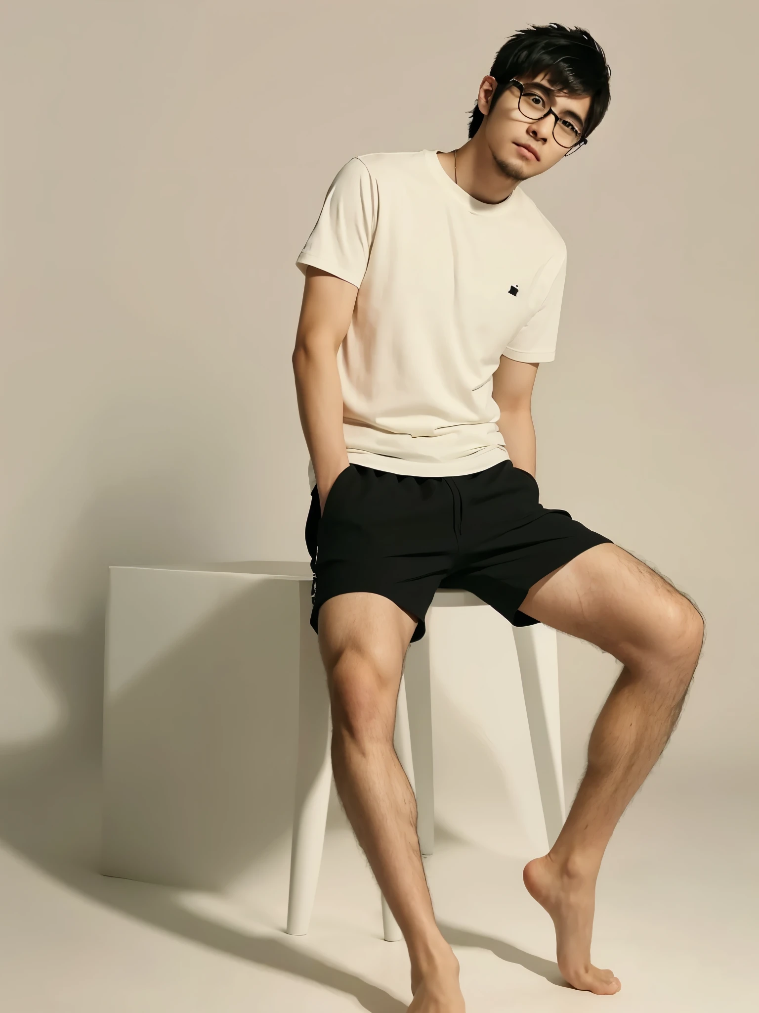 hairy beard Japanese college student man long legs black hair black rimmed glasses thin beard