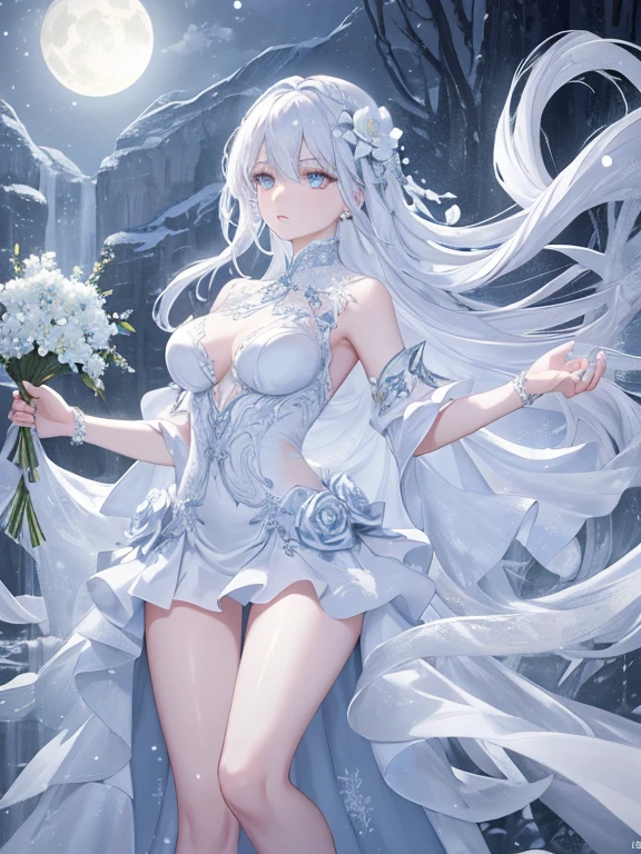 Paradise in Heaven, White lighting,(muste piece), (best quality), (cinematic), 8K, (art station), Li Yue painting style.(長いwhite hairとSilvery eyesを持つ1人の女), (beautiful delicate face)、[ Particle Lou Full Moon] [Frozen trees々] [landscape crystal] [great writing] [Ethereal Atmosphere]:1.1] [fantasy, short story] [soft great writing] [+cinematic shot]:1.2 [+art station] [+luminous white background] [+soft great writing] [soft glow] [Creative and dynamic angles]:1.3, [+Crystal Toning] 、muste piece, very detailed, Super detailed, solo, (pale skin), Silvery eyes, white hair, (snow background), (snowflake rosen flower:1.0), (shining crystal),, (Snowy ground), (White lashes), sexy woman、dreamy and detailed, Gorgeous setting, 妖しい雰囲気 muste piece, The most beautiful scenes, majestic、(((full of white flowers)))、quiet and serene atmosphere、attractive, all white tones,Inside the crystal library,Transparent flowers and falling snow，Many white roses are planted,(water flowing,waterfall,water bloom),The decoration is also carefully done.,dream（very detailedです，creative design，crisp and precise lines，K HD，best quality，T Masterpiece，超High resolution，In 4K）、Diverse poses、((beautiful white flower hair ornament))、beautiful hairstyle、(best quality, In 4K, 8K, High resolution, muste piece:1.2), Super detailed, detailed expression, graceful posture, expressive brush strokes, mysterious atmosphere, artistic interpretation,Delicate floral jewelry， (((Detailed design、Beautiful lace translucent dress、see-through small dress)))、(SFW:1.5), (oversized breasts, best body proportions, proportions of large breasts,:1.5),(white decoration on thigh)、((Beautiful crystal accessories on the legs))。((Beautiful crystal accessories on the arm))