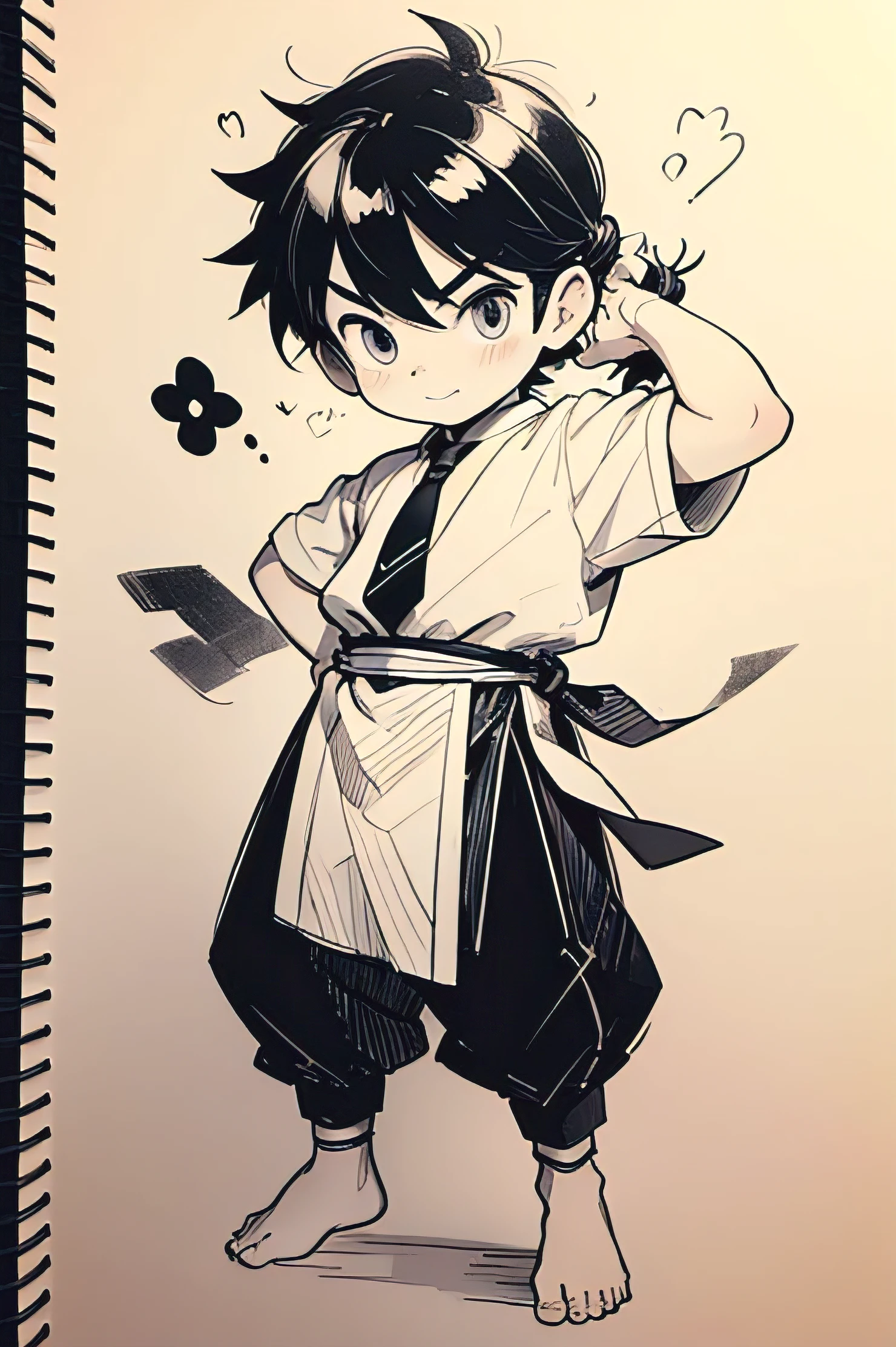 ponytail ponytail, whole body, Top Notes, drawing ink lines, cheerful cartoon, shake, honeyed, Little boy, cute, From head to toe, boy wearing traditional clothes, brawl, action, sketch, line-art