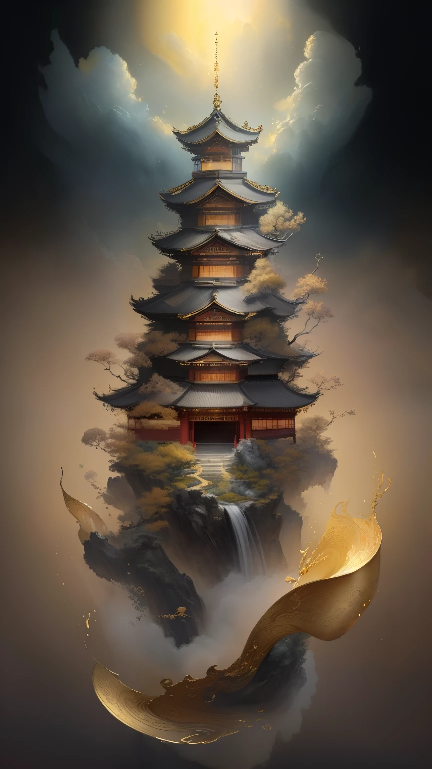 high quality, best quality,8K CG, Ultra-detailed, HD, masterpiece, Watercolor oil painting,Danqing ink painting,Ink painting color blooming,Glittering gold ingot,antique art,The background decorated with auspicious clouds and silk ribbons,Elegant and peaceful atmosphere,Concept art illustration,Light painting rendering,Zen style, In line with ancient Chinese aesthetics,The beauty of imaginary artistic conception