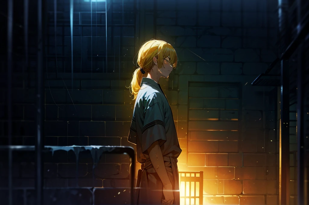 masterpiece, in detail, (man with yellow hair behind prison bars), (((1 man))), blond, Muscular, Painful appearance, blonde hair, empty eyes, Impotence, tired pose, despair, shackled, Dark room, Bright light from the window, Contrast, silhouette of a man shining, slightly tanned skin, Orange eyes, narrow eyes, thick hair, Hair gathered in a ponytail, just a white kimono, torn clothes, Dirty look, looks out the window at the moon, yellow blue gradient background, gloomy atmosphere, bars on the window, Prison bars, ((view from afar)), (hair glows, surrounded by sunlight, dust in the room)