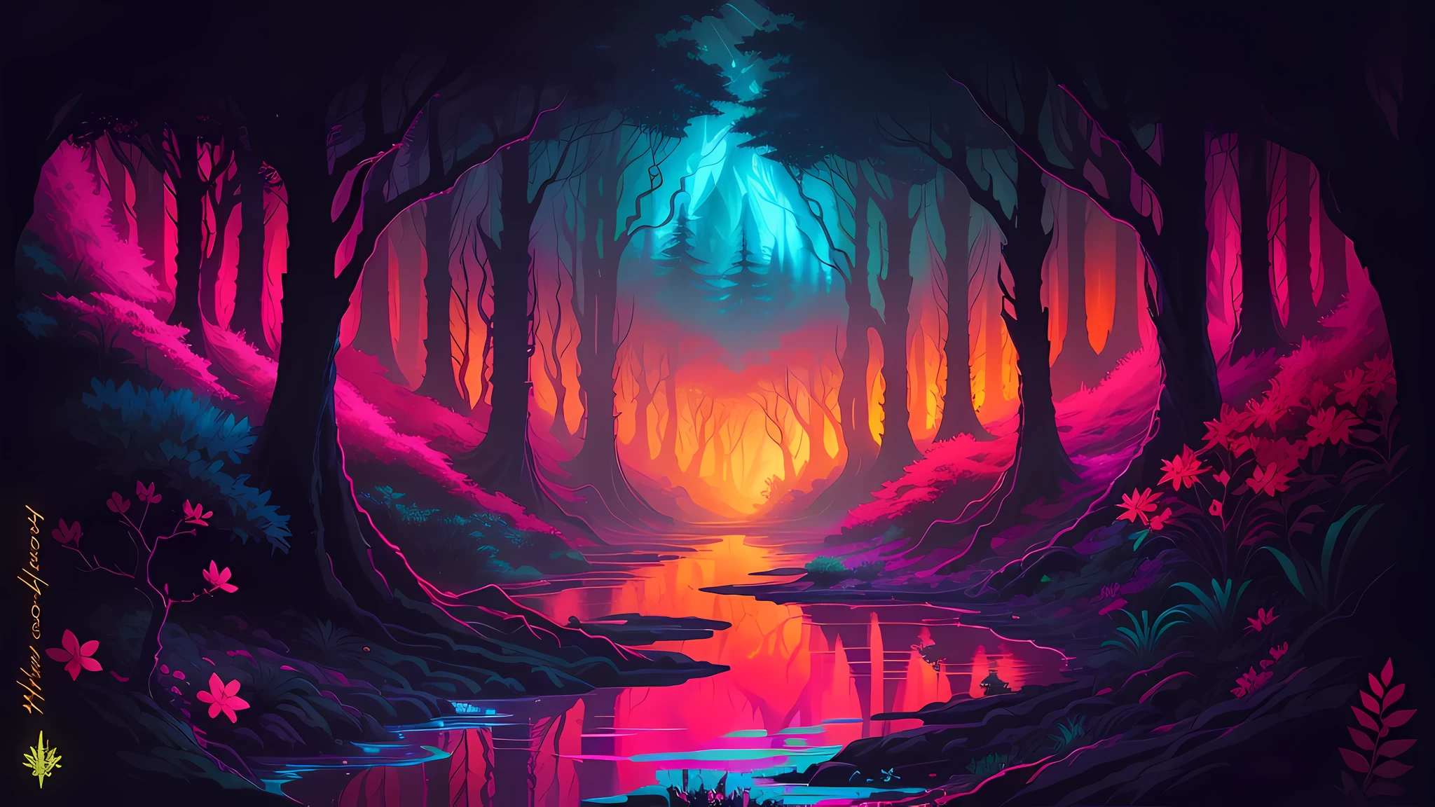 a brightly lit forest scene with a stream and a dragon, paisagem de floresta de fantasia, mystical fantasy landscape, dark neon colored rainforest, Fantasy Magical Forest, floresta brilhante, Dan Mumford. Octane rendering, neon landscape, Dan Mumford. arte conceitual, Dan Mumford. 8 k Octane rendering, fundo da floresta da fantasia, magical landscape, cyber space forest scene, No estilo de arte de Dan Mumford