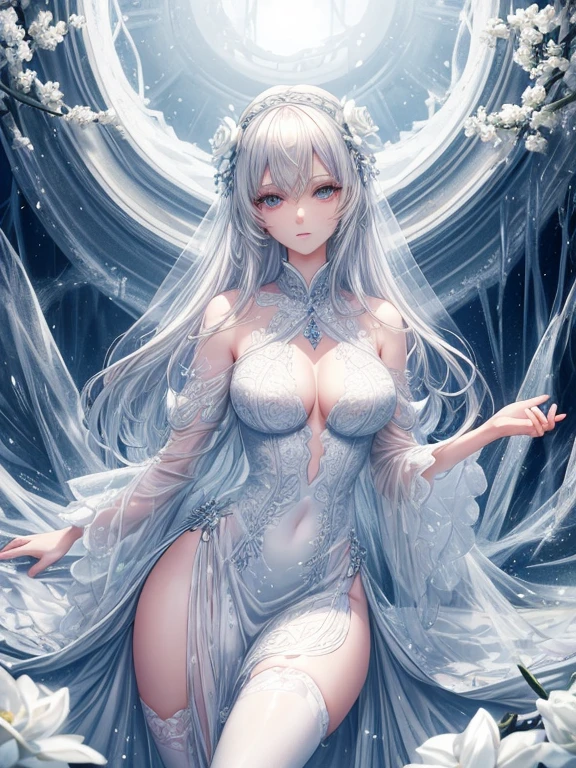 Paradise in Heaven, White lighting,(muste piece), (best quality), (cinematic), 8K, (art station), Li Yue painting style.(長いwhite hairとSilvery eyesを持つ1人の女), (beautiful delicate face)、[ Particle Lou Full Moon] [Frozen trees々] [landscape crystal] [great writing] [Ethereal Atmosphere]:1.1] [fantasy, short story] [soft great writing] [+cinematic shot]:1.2 [+art station] [+luminous white background] [+soft great writing] [soft glow] [Creative and dynamic angles]:1.3, [+Crystal Toning] 、muste piece, very detailed, Super detailed, solo, (pale skin), Silvery eyes, white hair, (snow background), (snowflake rosen flower:1.0), (shining crystal),, (Snowy ground), (White lashes), y woman、dreamy and detailed, Gorgeous setting, 妖しい雰囲気 muste piece, The most beautiful scenes, majestic、(((full of white flowers)))、quiet and serene atmosphere、attractive, all white tones,Inside the crystal library,Transparent flowers and falling snow，Many white roses are planted,(water flowing,waterfall,water bloom),The decoration is also carefully done.,dream（very detailedです，creative design，crisp and precise lines，K HD，best quality，T Masterpiece，超High resolution，In 4K）、Diverse poses、((beautiful white flower hair ornament))、beautiful hairstyle、(best quality, In 4K, 8K, High resolution, muste piece:1.2), Super detailed, detailed expression, graceful posture, expressive brush strokes, mysterious atmosphere, artistic interpretation,Delicate floral jewelry， (((Detailed design、Beautiful lace translucent dress、see-through small dress)))、(SFW:1.5), (oversized breest body proportions, proportions of large breasts,:1ite decoration on thigh)、((Beautiful crystal accessories on the legs))。((Beautiful crystal accessories on the arm))