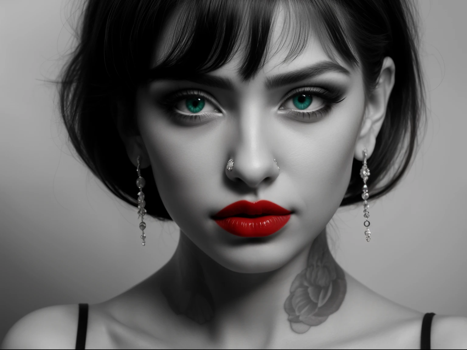 ((best quality)), ((masterpiece)), (detailed), perfect face, DigiArt Style, 1 woman, solo, looking at viewer, long hair, monochrome, greyscale, earrings, red lips, BREAK, deep green eyes, petals, eyelashes, tattoo, makeup, piercing, ear piercing, portrait,