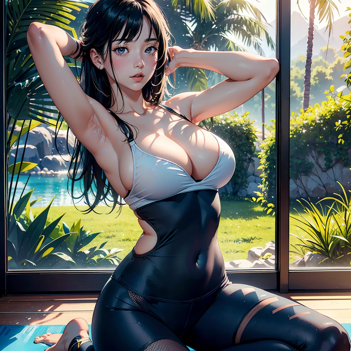(highest quality,high resolution,(Ultra high fine mesh,4K), (ultra high resolution,8K),muste piece:1.2), (perfect anatomy,anatomically accurate), (angle from below), (girl doing yoga), (Nature), Peaceful and calm background Beautiful and detailed eyes, flowing long hair, yoga clothes(leggings), elegant pose, soft and gentle lighting, (very detailed and beautiful face), professional photography techniques, Bright colors, natural light, (very detailed and beautiful face), (large breasts:1.3), Close ~ eyes