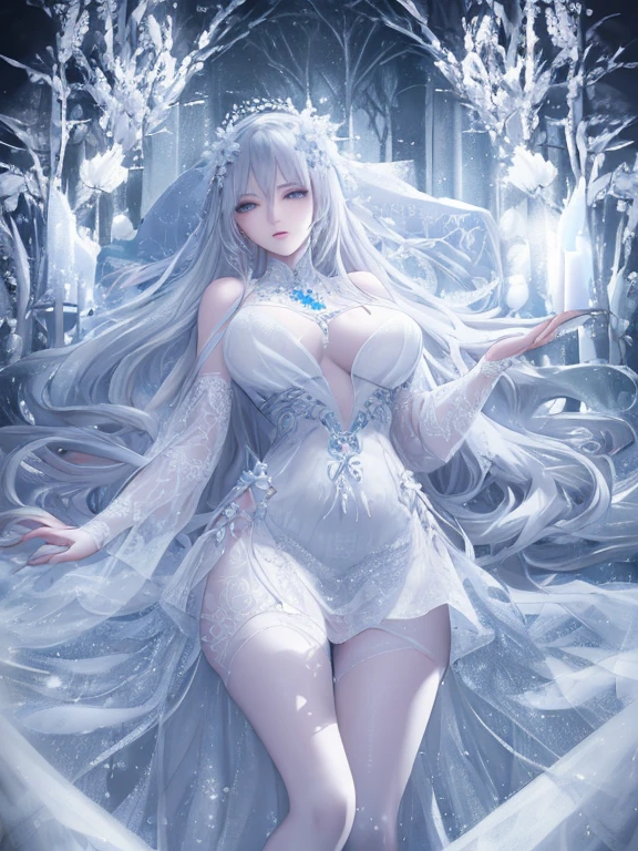 Paradise in Heaven, White lighting,(muste piece), (best quality), (cinematic), 8K, (art station), Li Yue painting style.(長いwhite hairとSilvery eyesを持つ1人の女), (beautiful delicate face)、[ Particle Lou Full Moon] [Frozen trees々] [landscape crystal] [great writing] [Ethereal Atmosphere]:1.1] [fantasy, short story] [soft great writing] [+cinematic shot]:1.2 [+art station] [+luminous white background] [+soft great writing] [soft glow] [Creative and dynamic angles]:1.3, [+Crystal Toning] 、muste piece, very detailed, Super detailed, solo, (pale skin), Silvery eyes, white hair, (snow background), (snowflake rosen flower:1.0), (shining crystal),, (Snowy ground), (White lashes), sexy woman、dreamy and detailed, Gorgeous setting, 妖しい雰囲気 muste piece, The most beautiful scenes, majestic、(((full of white flowers)))、quiet and serene atmosphere、attractive, all white tones,Inside the crystal library,Transparent flowers and falling snow，Many white roses are planted,(water flowing,waterfall,water bloom),The decoration is also carefully done.,dream（very detailedです，creative design，crisp and precise lines，K HD，best quality，T Masterpiece，超High resolution，In 4K）、Diverse poses、((beautiful white flower hair ornament))、beautiful hairstyle、(best quality, In 4K, 8K, High resolution, muste piece:1.2), Super detailed, detailed expression, graceful posture, expressive brush strokes, mysterious atmosphere, artistic interpretation,Delicate floral jewelry， (((Detailed design、Beautiful lace translucent dress、see-through small dress)))、(SFW:1.5), (oversized breasts, best body proportions, proportions of large breasts,:1.5),(white decoration on thigh)、((Beautiful crystal accessories on the legs))。((Beautiful crystal accessories on the arm))