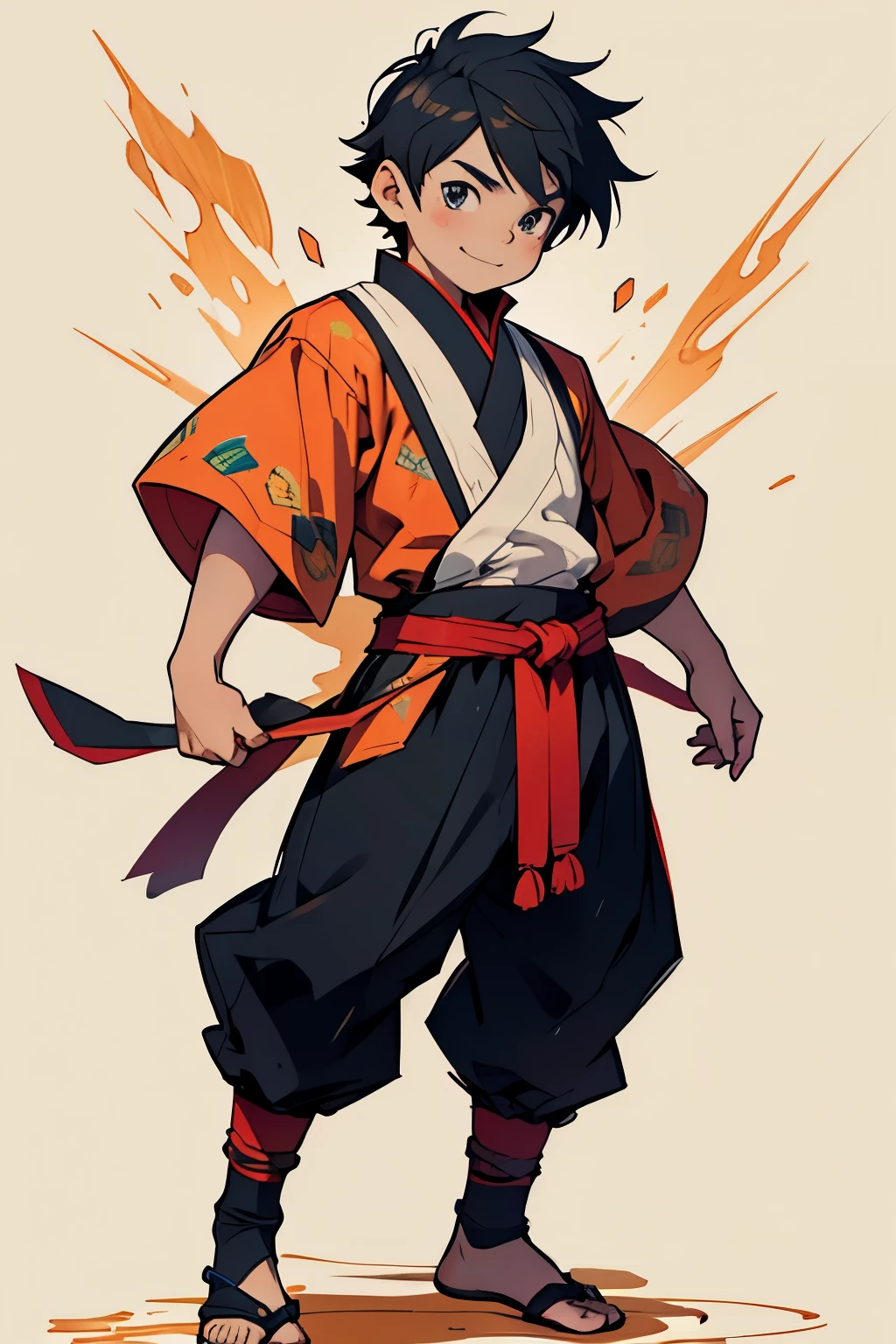 Full body top notes, drawing ink lines, cheerful cartoon, shiver, honeyed, Little boy, cute, From head to toe, boy wearing traditional clothes, brawl, action, sketch, line-art