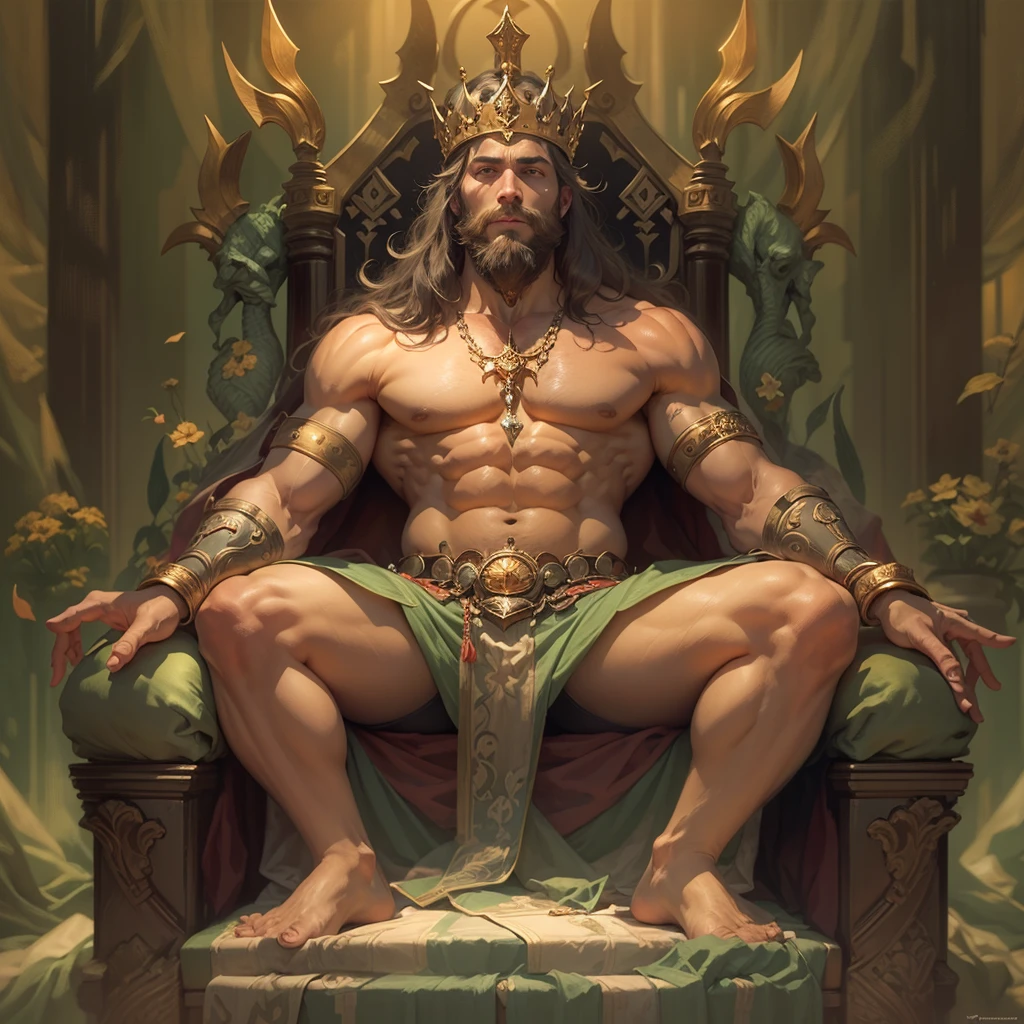 god-king, sitting on throne,Bearded, There nothing on the upper body, Wearing sexy erotic loincloth,loincloth tight on his lower body, legs are spread, large thighs, large muscular pecs, view from below